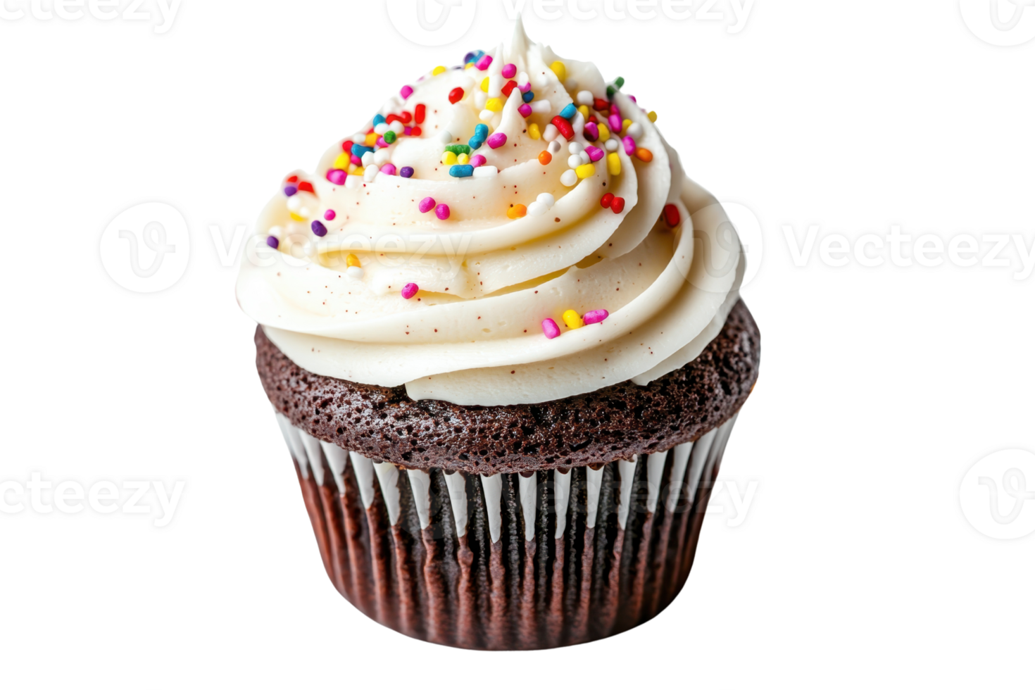 A delicious chocolate cupcake topped with creamy frosting and colorful sprinkles. png