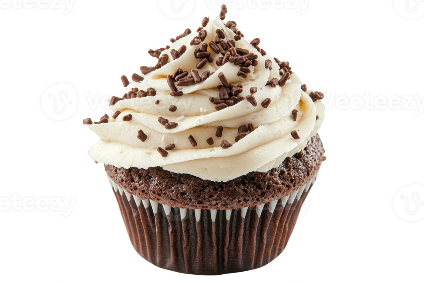 A delicious chocolate cupcake topped with creamy frosting and sprinkled with chocolate shavings. png