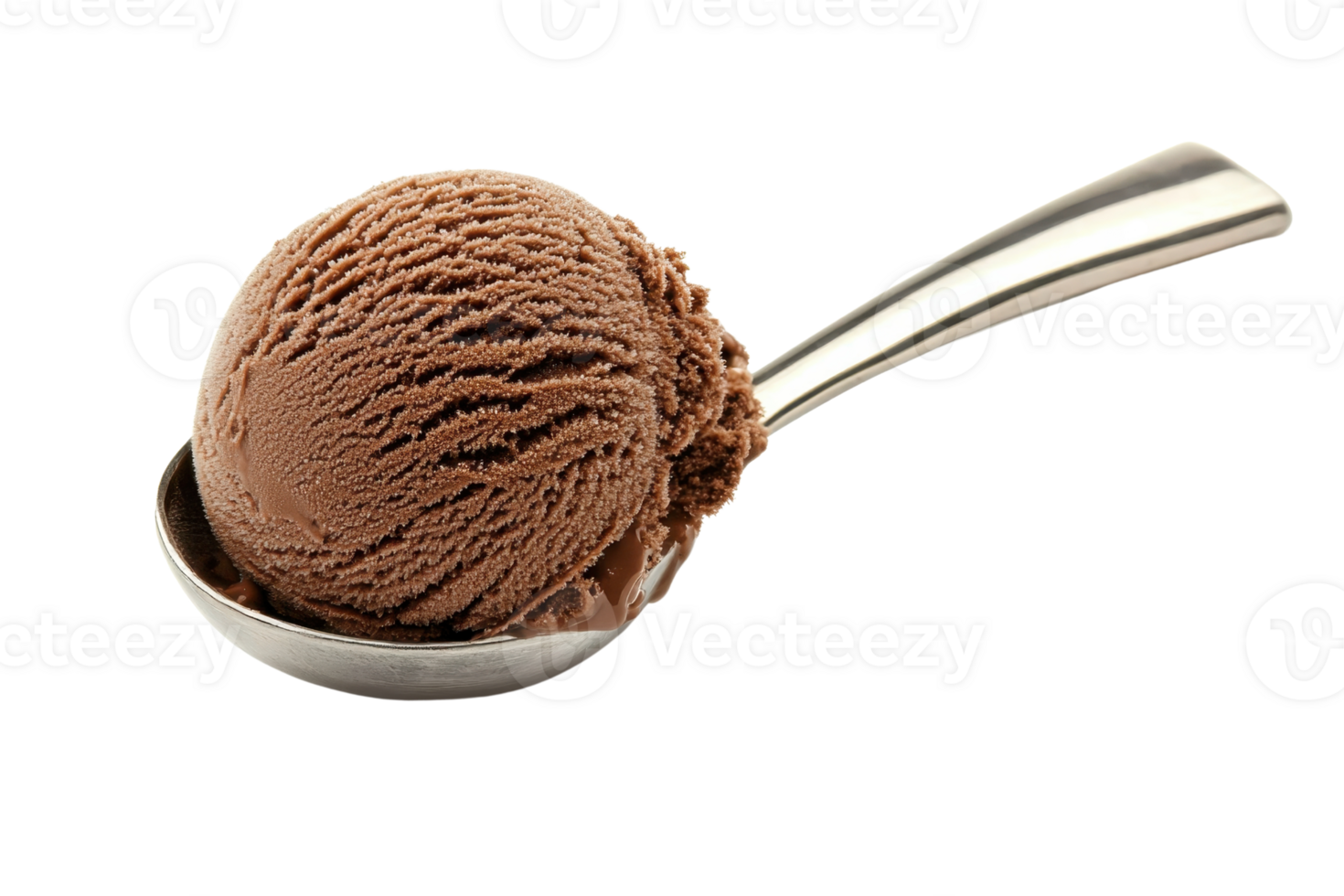 A scoop of rich chocolate ice cream served in a metal spoon, showcasing its creamy texture and inviting appearance. png