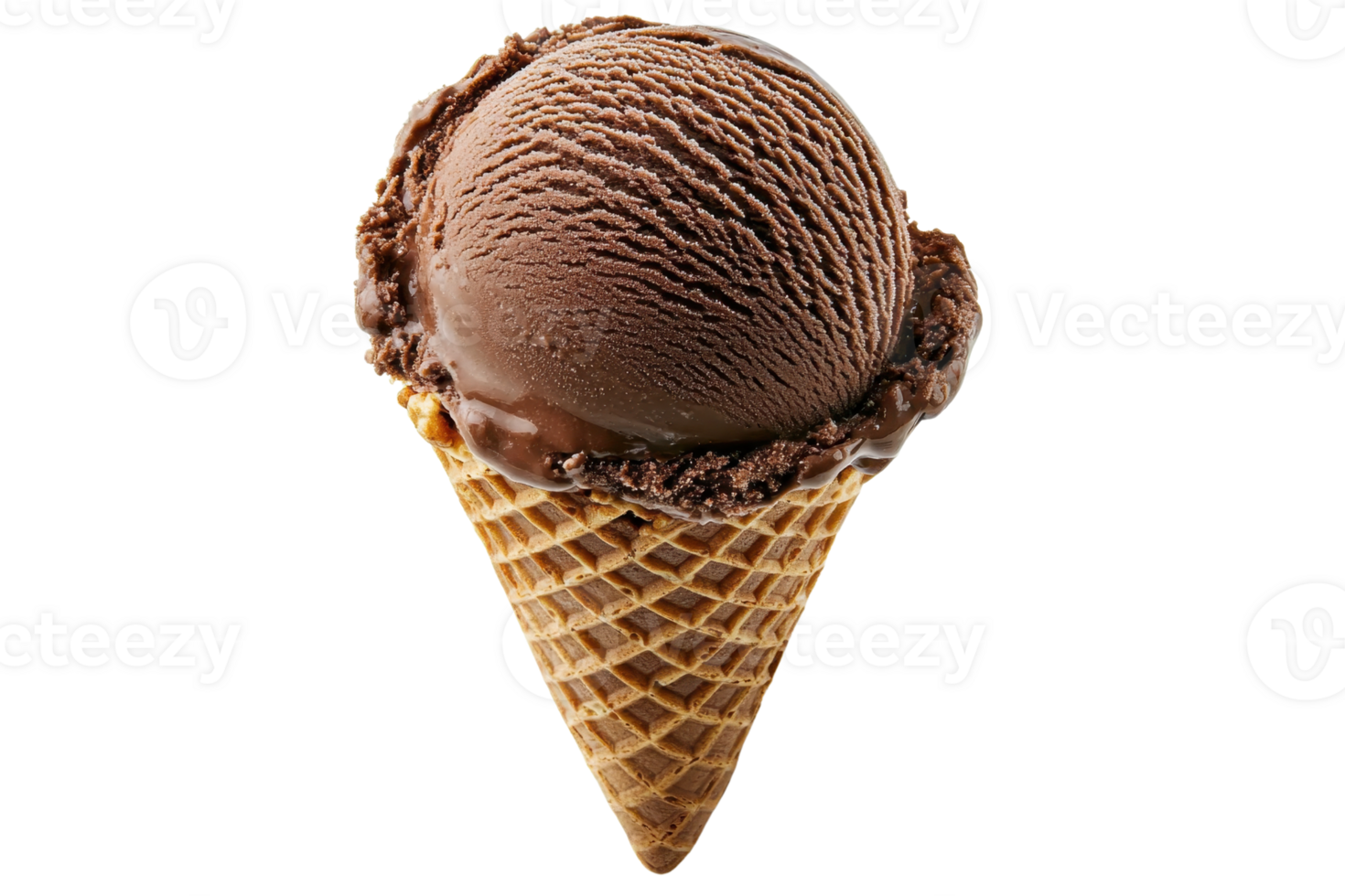 A chocolate ice cream scoop in a waffle cone, showcasing its rich texture and creamy appearance. png