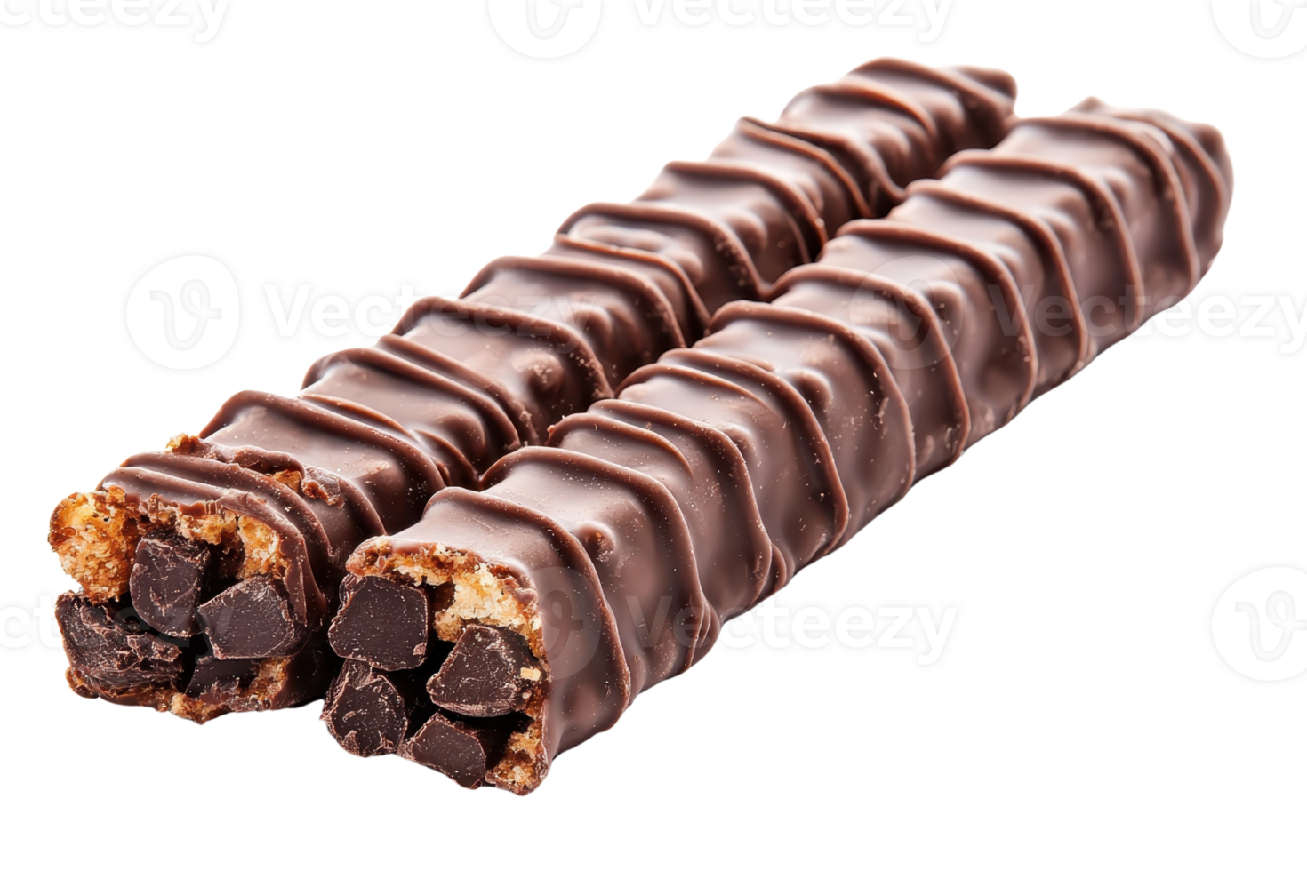 Two chocolate-covered bars with a textured surface, showcasing a crunchy interior with visible chunks. png