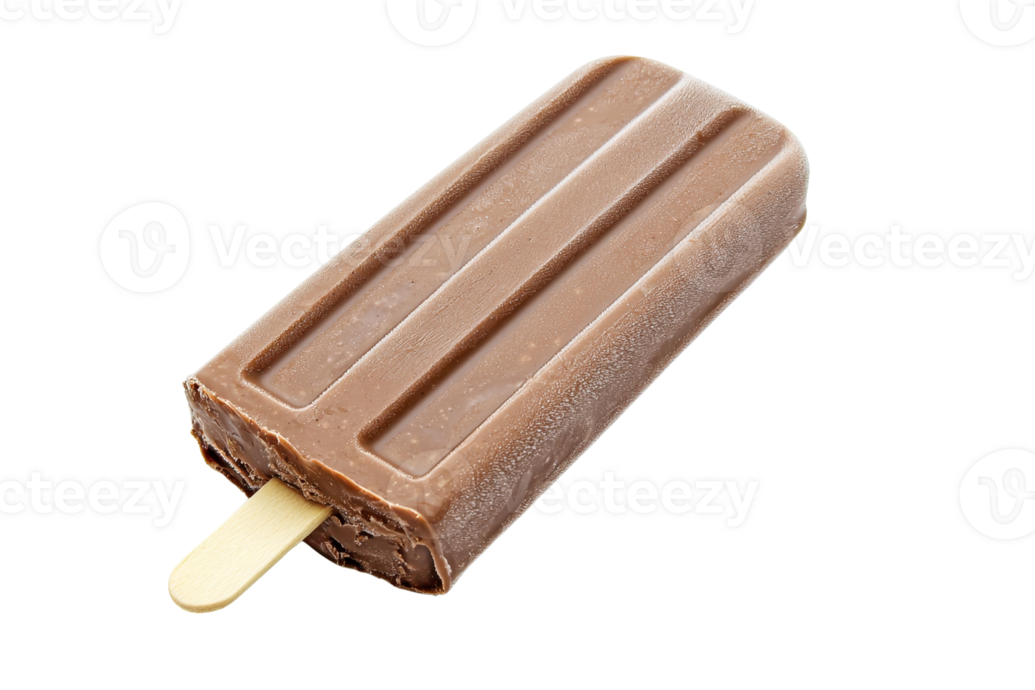 A chocolate ice cream bar on a wooden stick with a smooth, creamy texture and striped design. png
