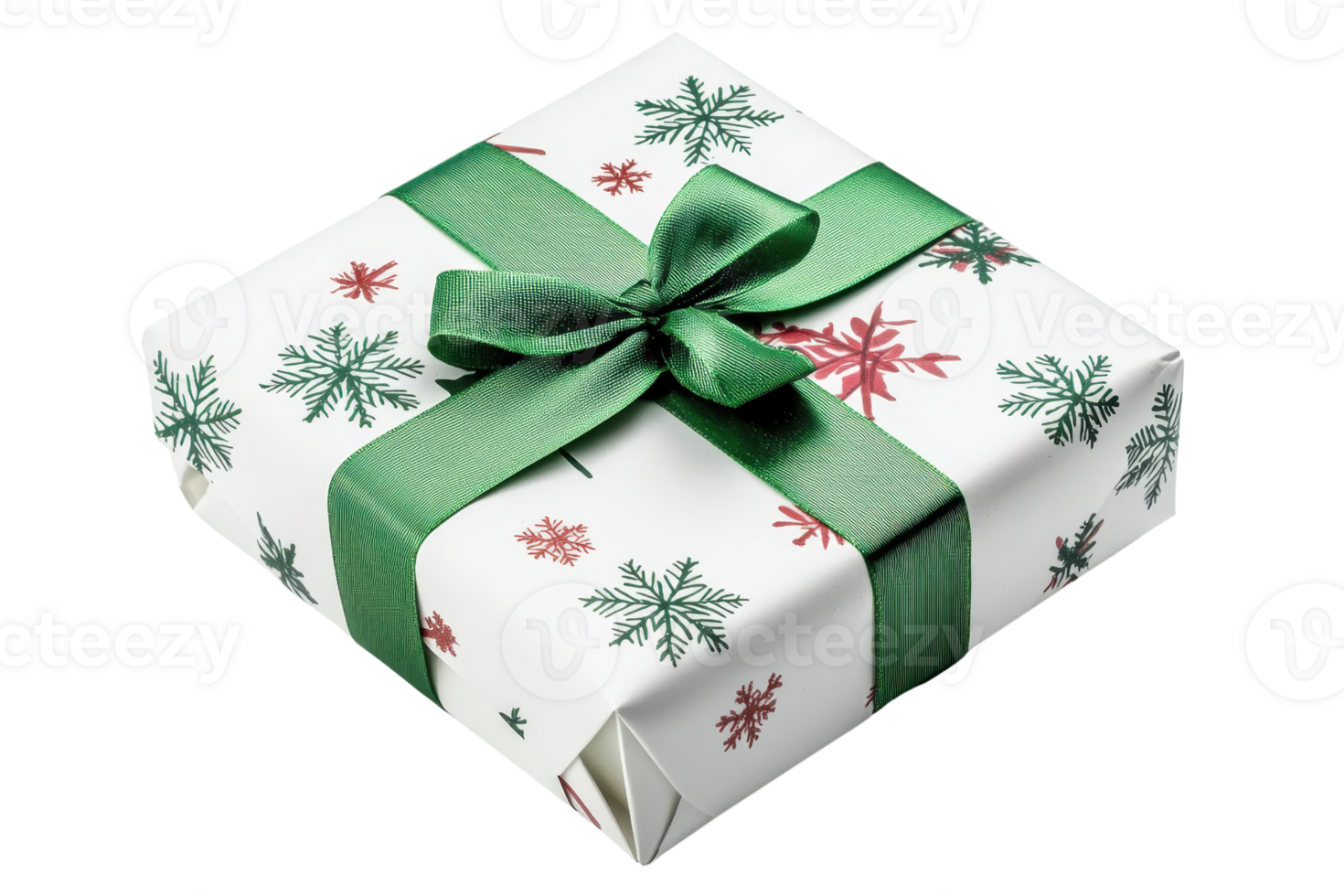 A beautifully wrapped gift box adorned with a green ribbon and festive snowflake designs. png
