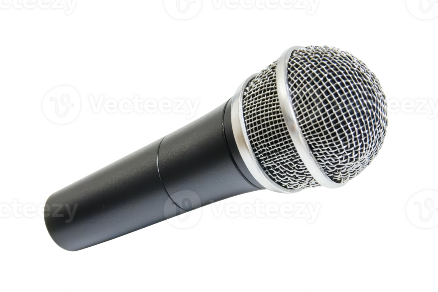 A close-up view of a microphone, showcasing its metallic grille and sleek black handle designed for audio recording or performance. png
