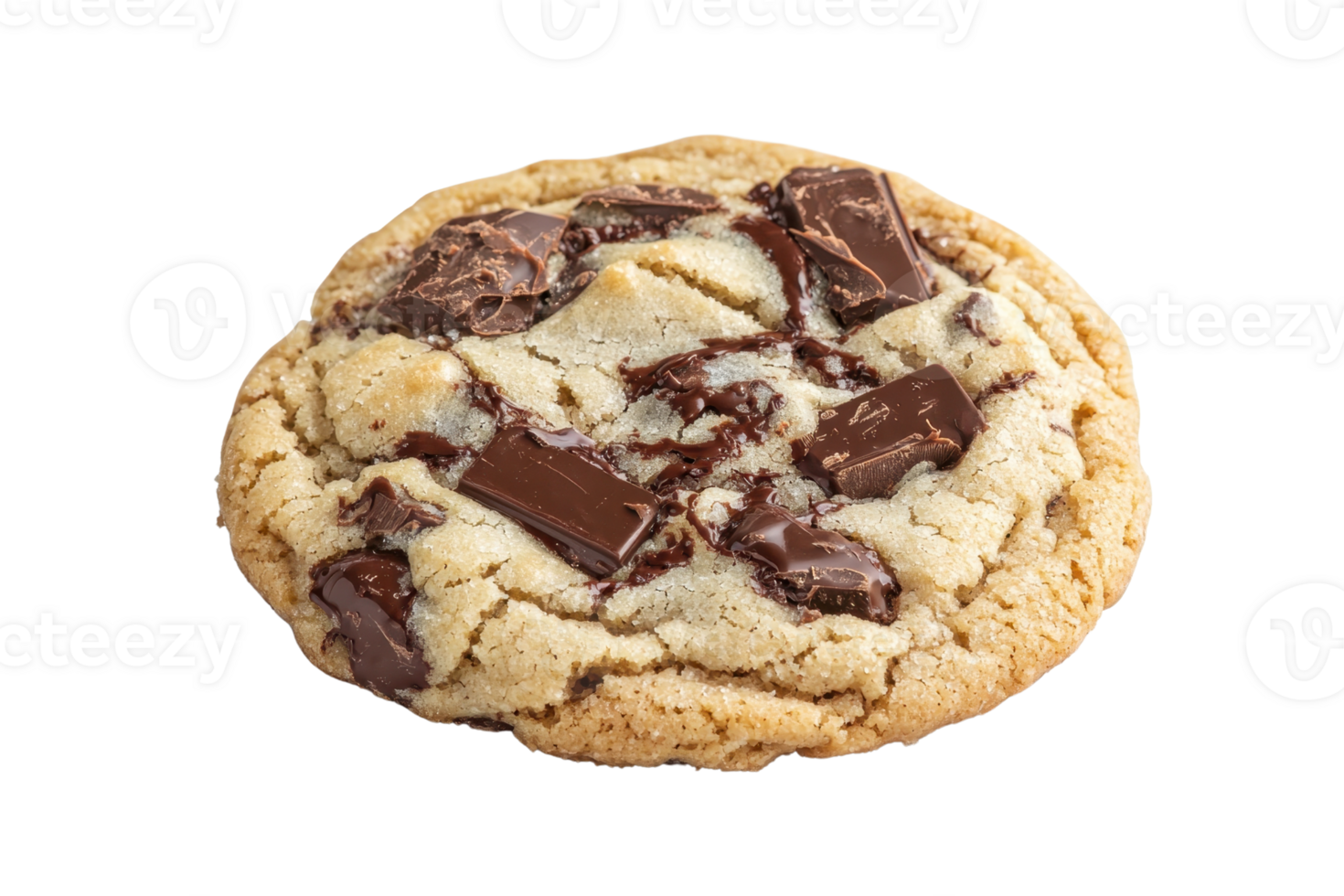 A freshly baked chocolate chip cookie with gooey chunks of dark chocolate nestled in a golden-brown, crispy texture. png