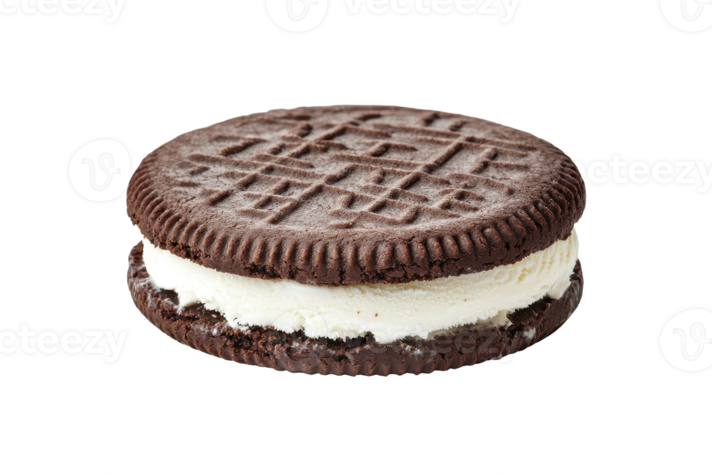 A chocolate sandwich cookie with a creamy filling, featuring a textured outer layer. png