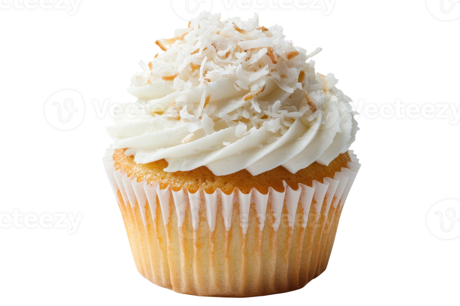 A delicious cupcake topped with creamy frosting and sprinkled with shredded coconut. png