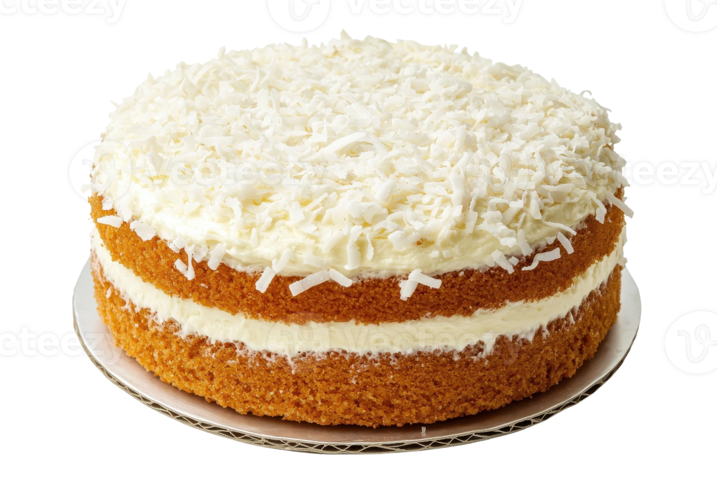 A round cake with layers, frosted with white cream and topped with shredded coconut. png