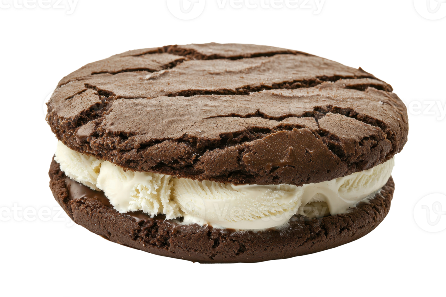 A delicious chocolate cookie sandwich filled with creamy vanilla ice cream, showcasing a rich, textured surface. png