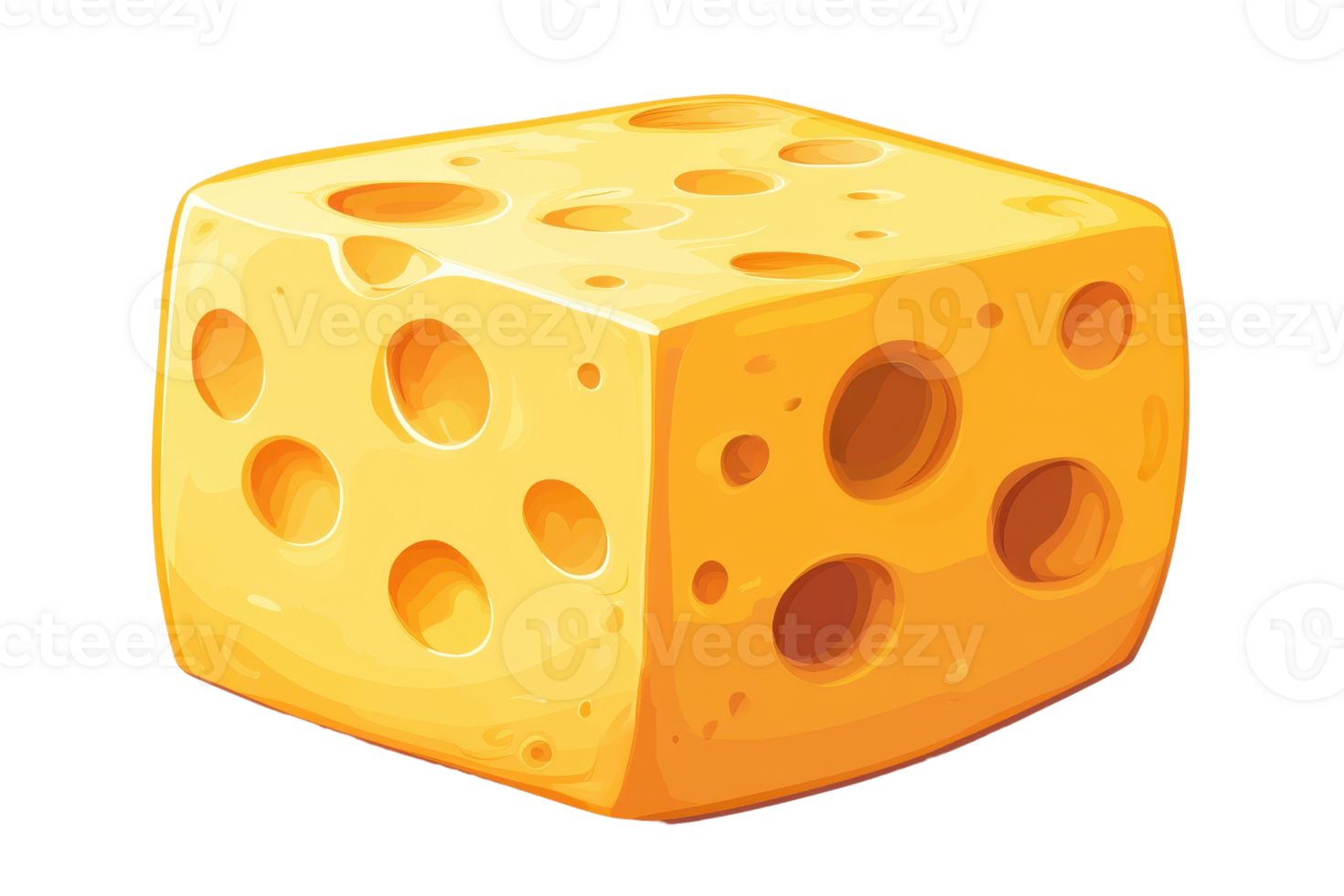 A vibrant, cube-shaped cheese with distinctive holes and a smooth surface, showcasing a rich yellow color. png