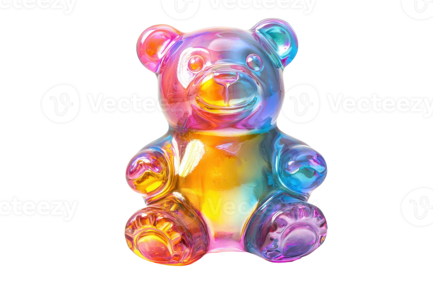A colorful, translucent gummy bear figurine with a whimsical design, featuring playful hues and a cute, rounded shape. png