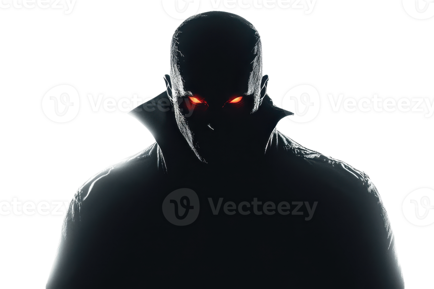 A mysterious figure with glowing red eyes and a high-collared coat exudes an ominous presence. png