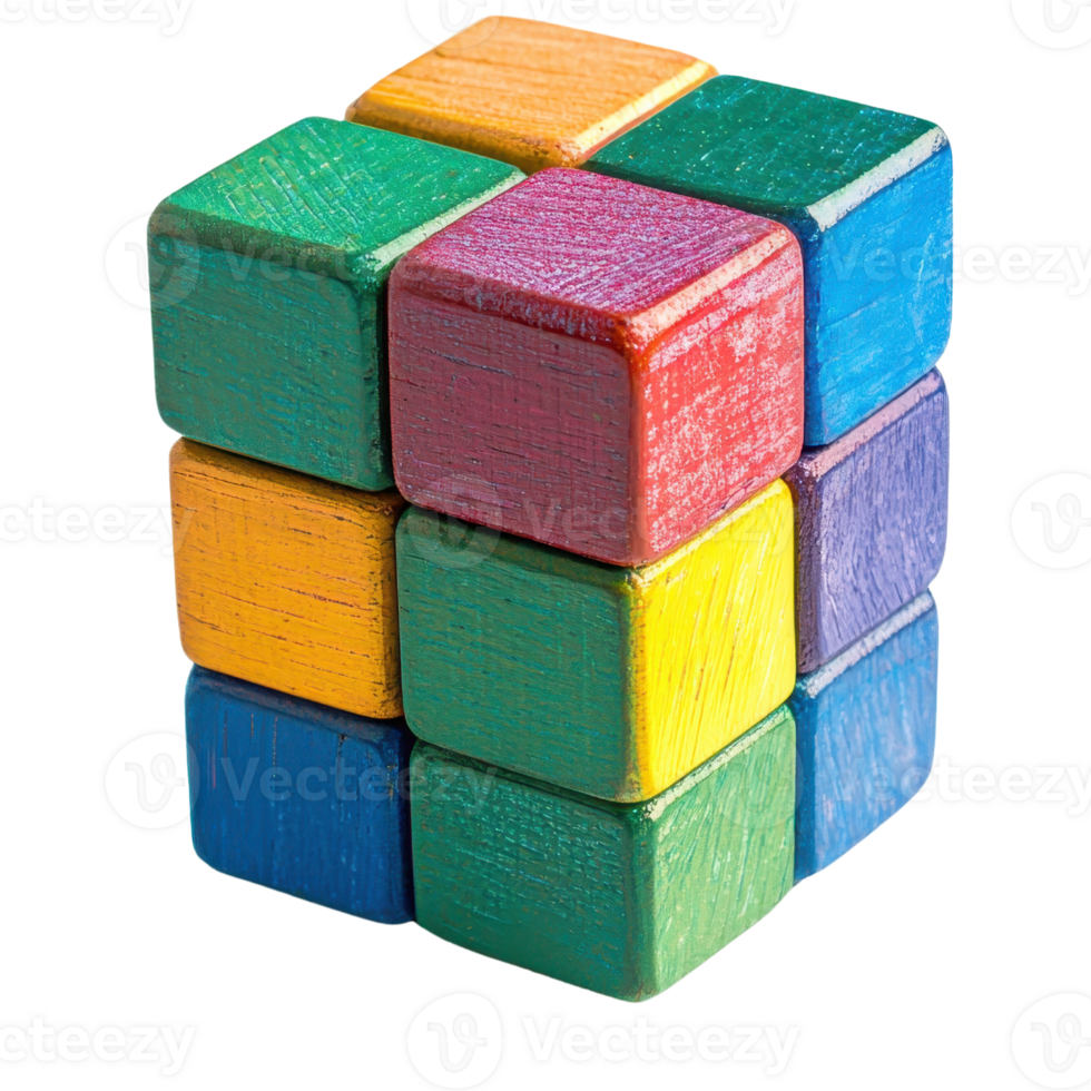 A colorful wooden cube puzzle featuring interlocking squares in various vibrant colors. png