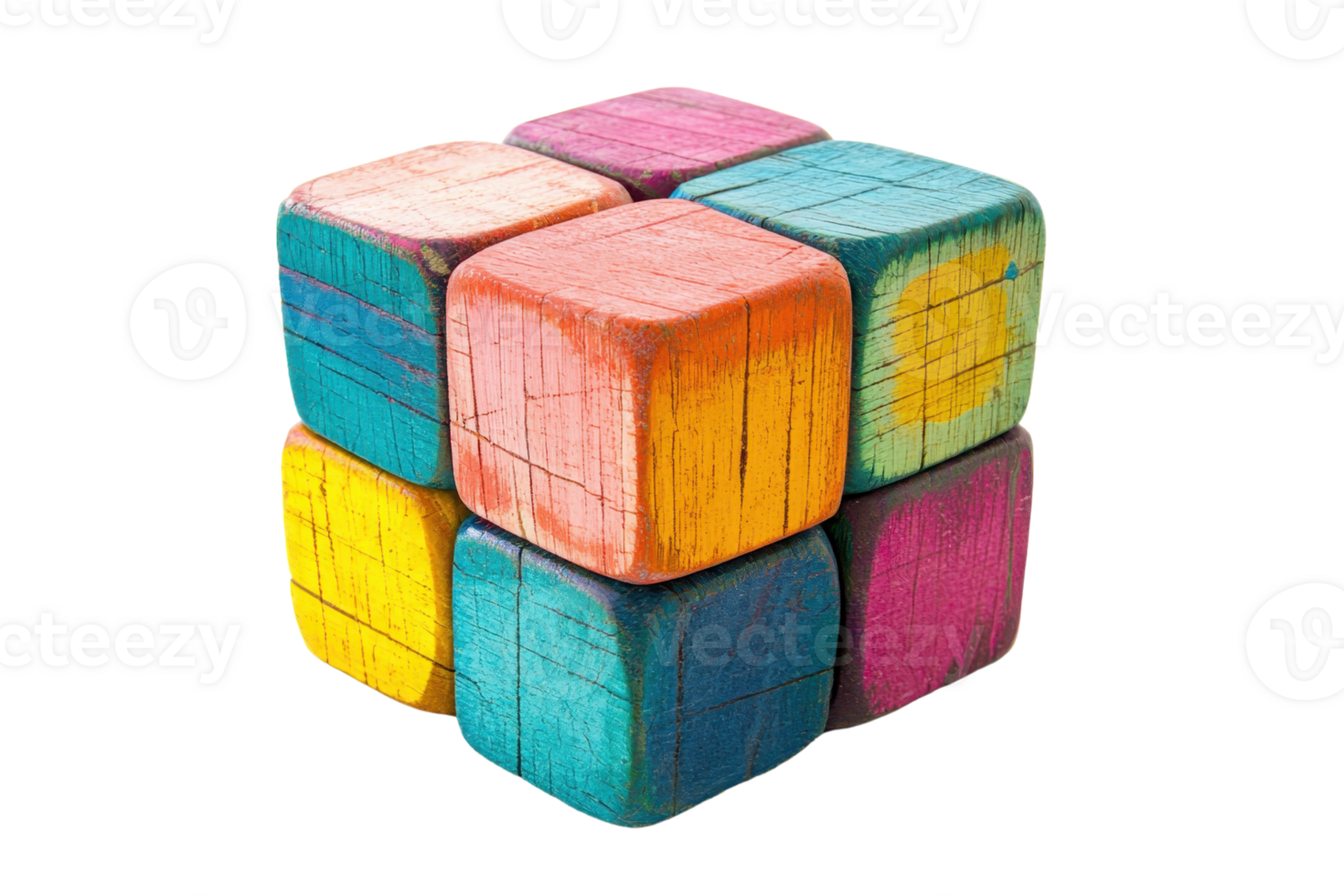 A colorful wooden cube puzzle featuring vibrant faces in pink, blue, yellow, and orange, showcasing a playful and engaging design. png