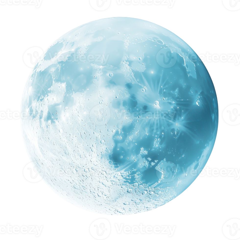 A luminous blue moon with detailed craters and textures, radiating a soft glow. png