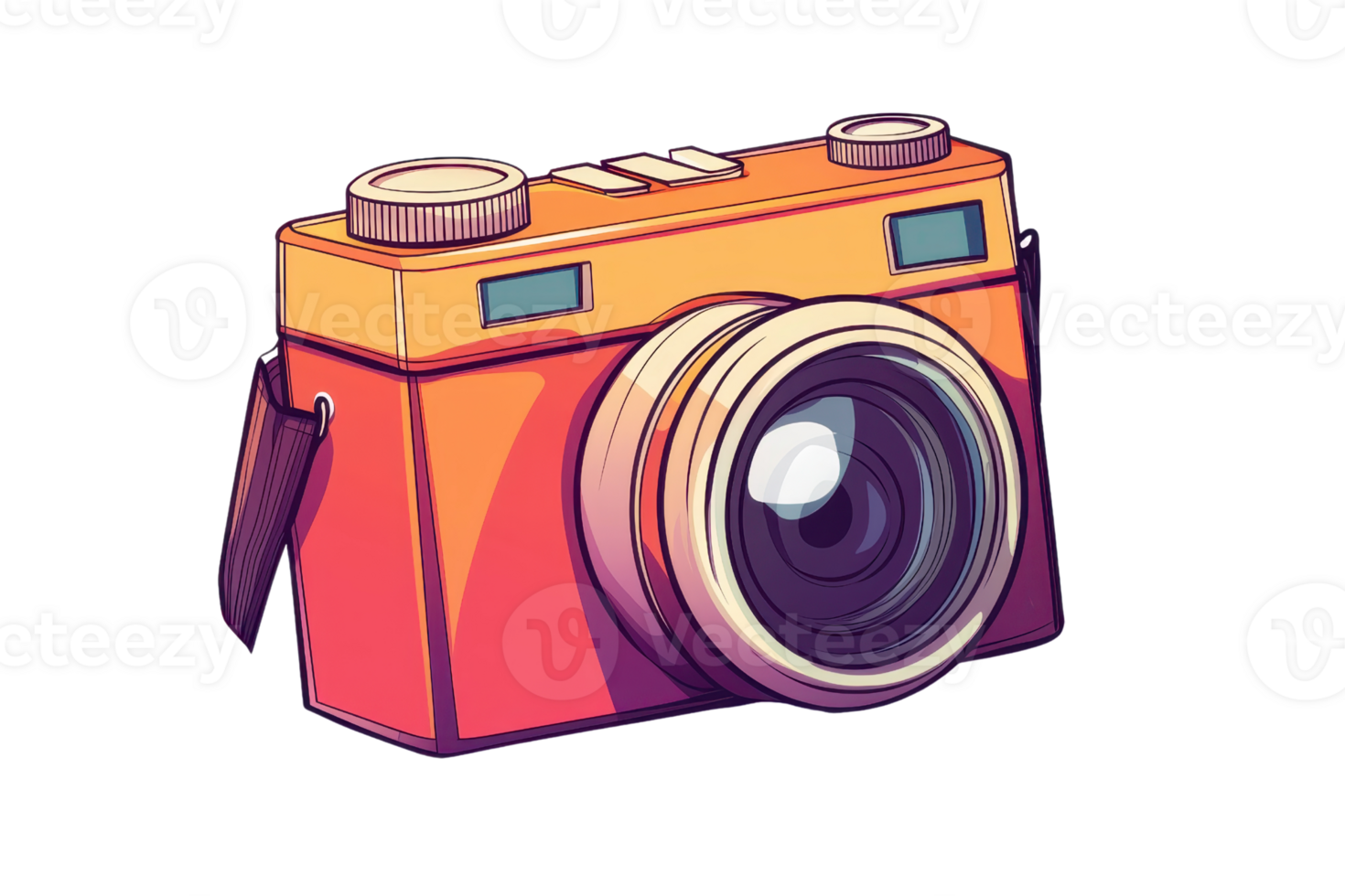 A stylized illustration of a vintage camera featuring a large lens and distinct controls, showcasing a vibrant orange color. png