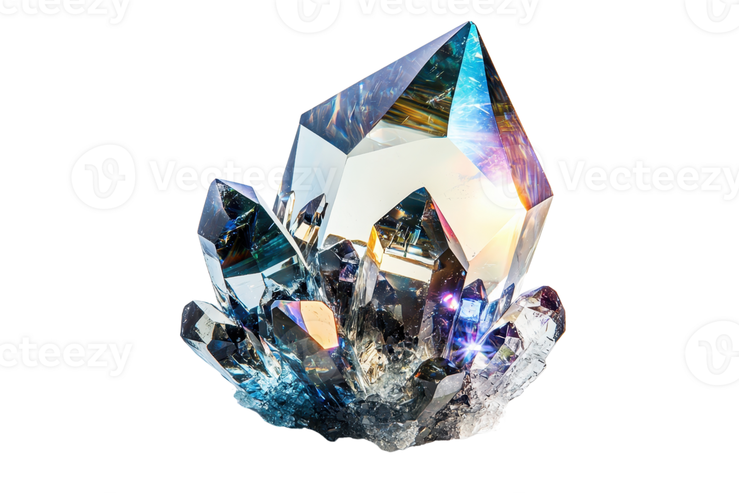 A stunning crystal formation with sharp facets reflecting light, showcasing multiple points and a luminous quality. png