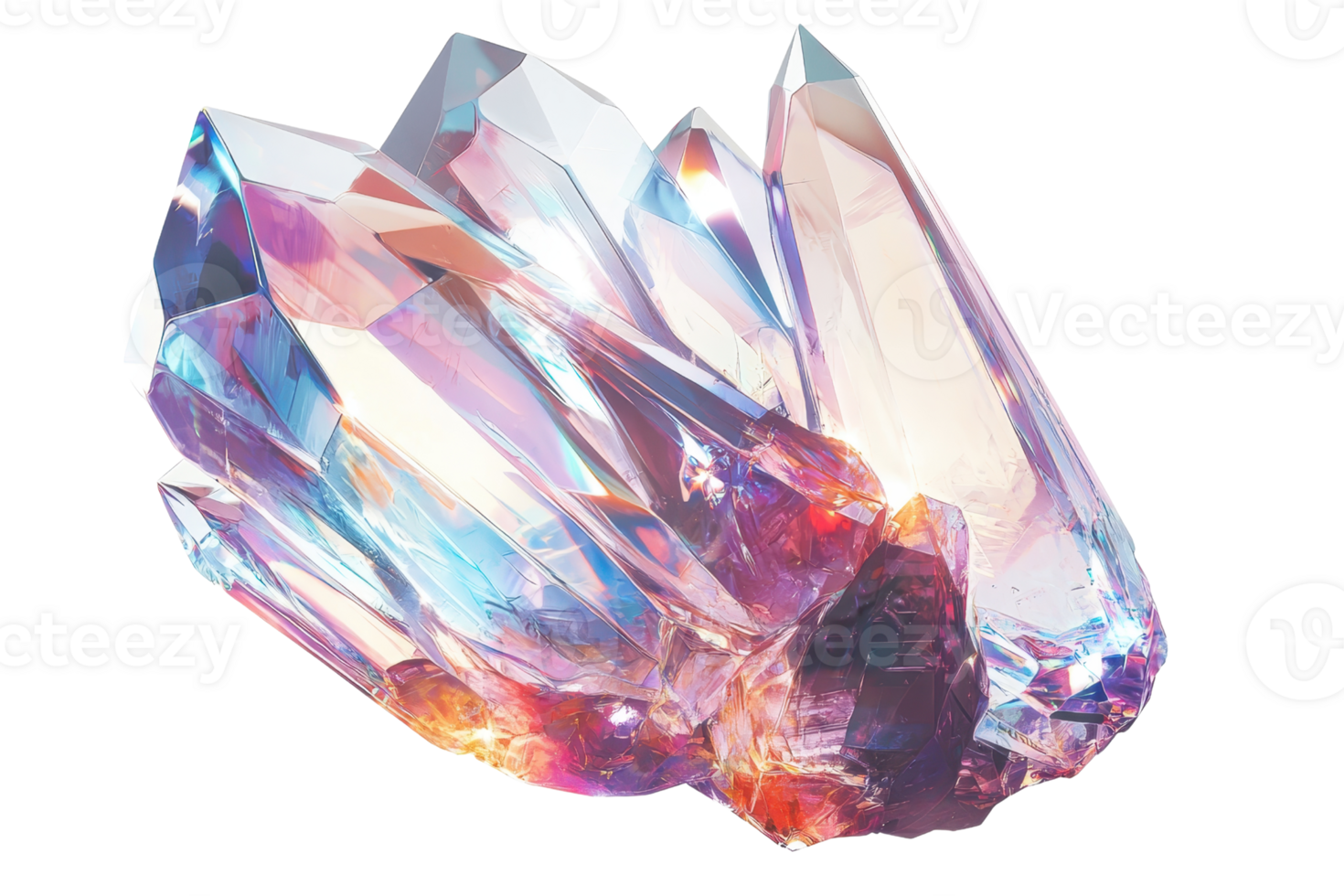 A shimmering cluster of multicolored crystals, reflecting light with sharp edges and vibrant hues. png