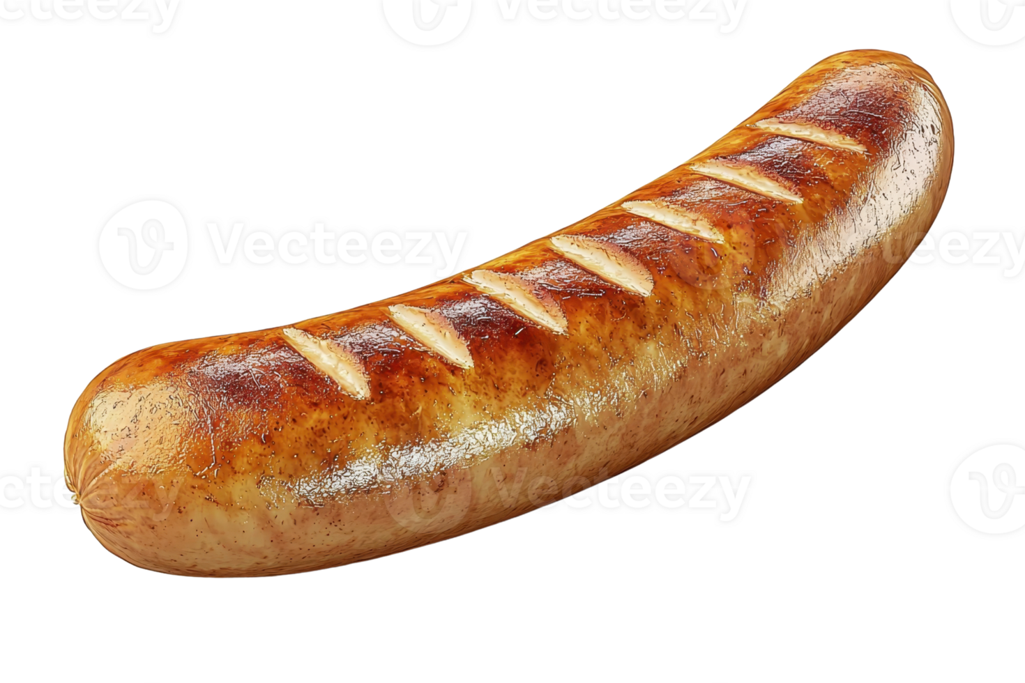 A golden-brown sausage with grill marks, showcasing a plump shape and a shiny surface, indicating juiciness and flavor. png