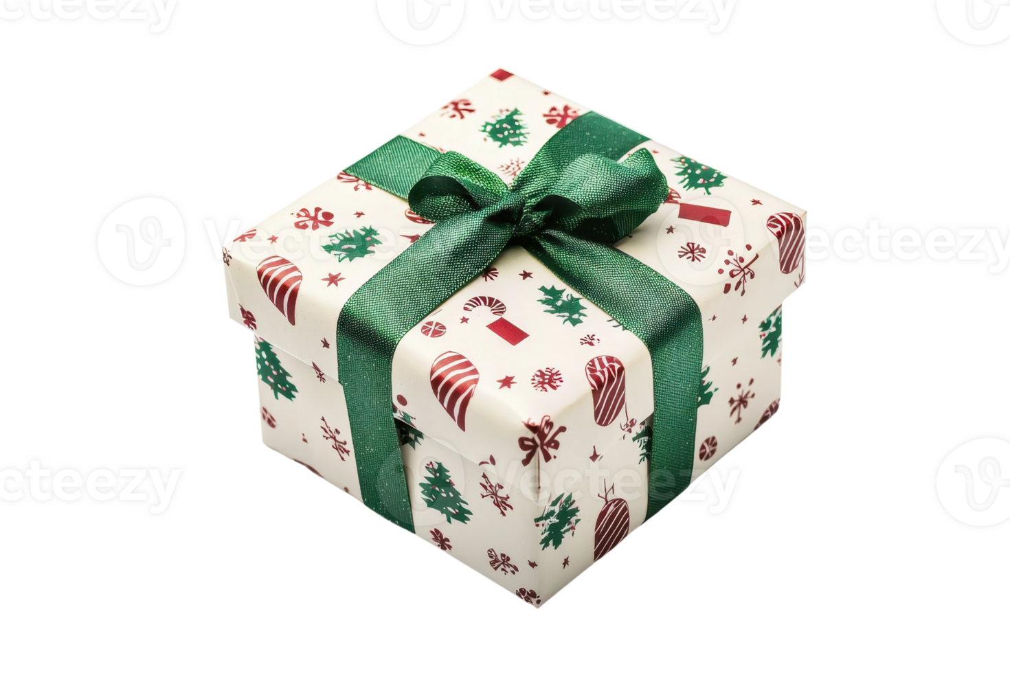 A festive gift box wrapped in decorative paper, adorned with holiday-themed patterns and a green ribbon. png