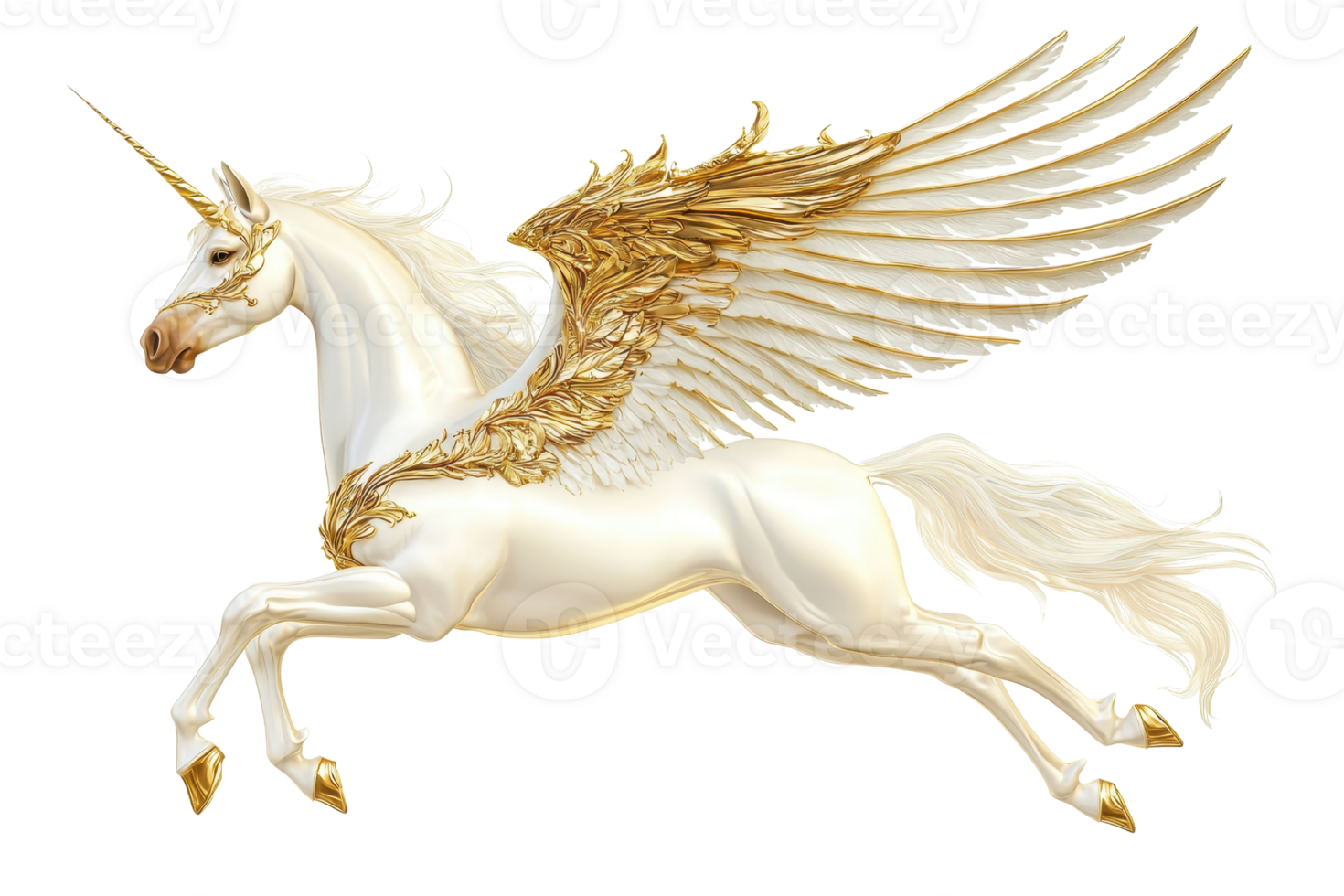 A majestic winged unicorn gallops gracefully, showcasing its stunning golden wings and elegant white coat. png