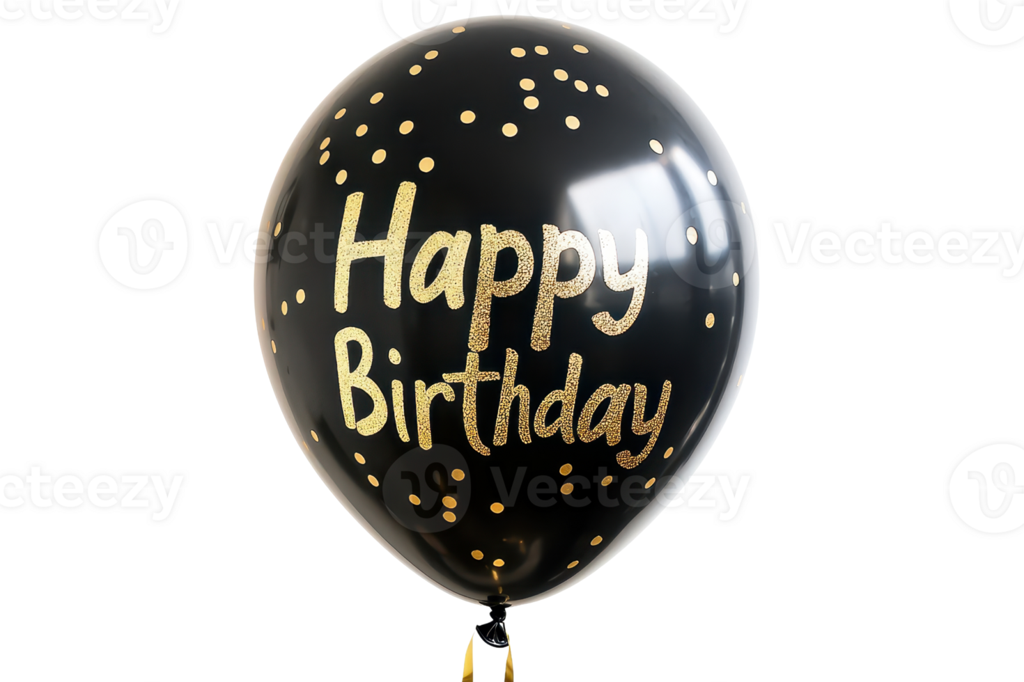 A shiny black balloon features the words Happy Birthday in gold lettering, adorned with festive golden dots. png