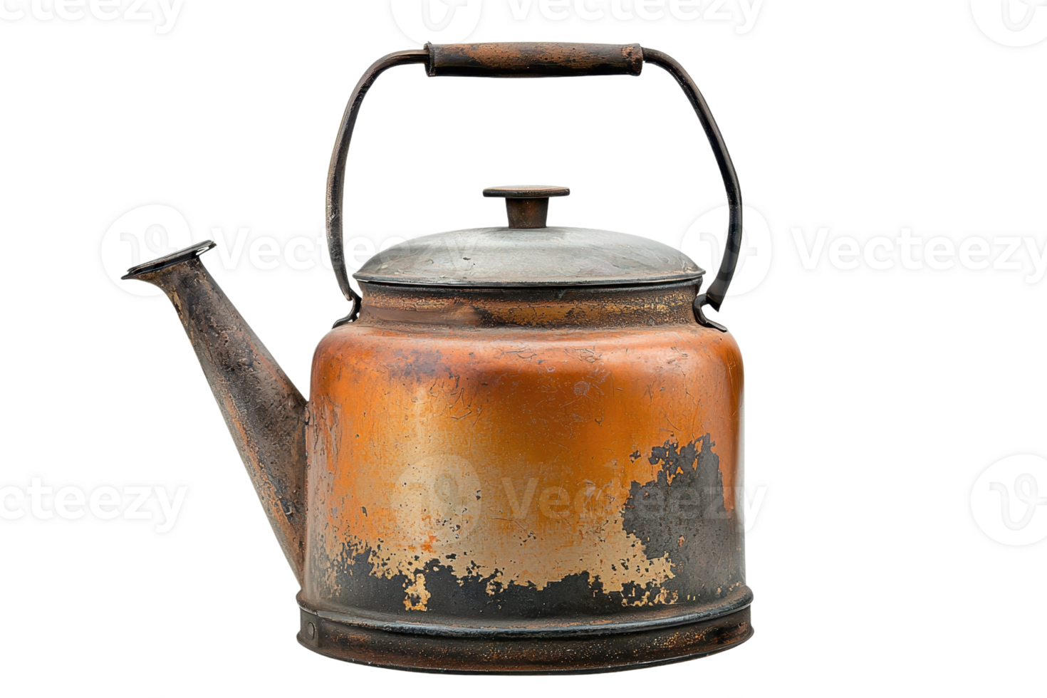 An aged kettle with a rustic, weathered appearance featuring a round body, spout, and handle, showcasing vibrant orange and muted gray tones. png