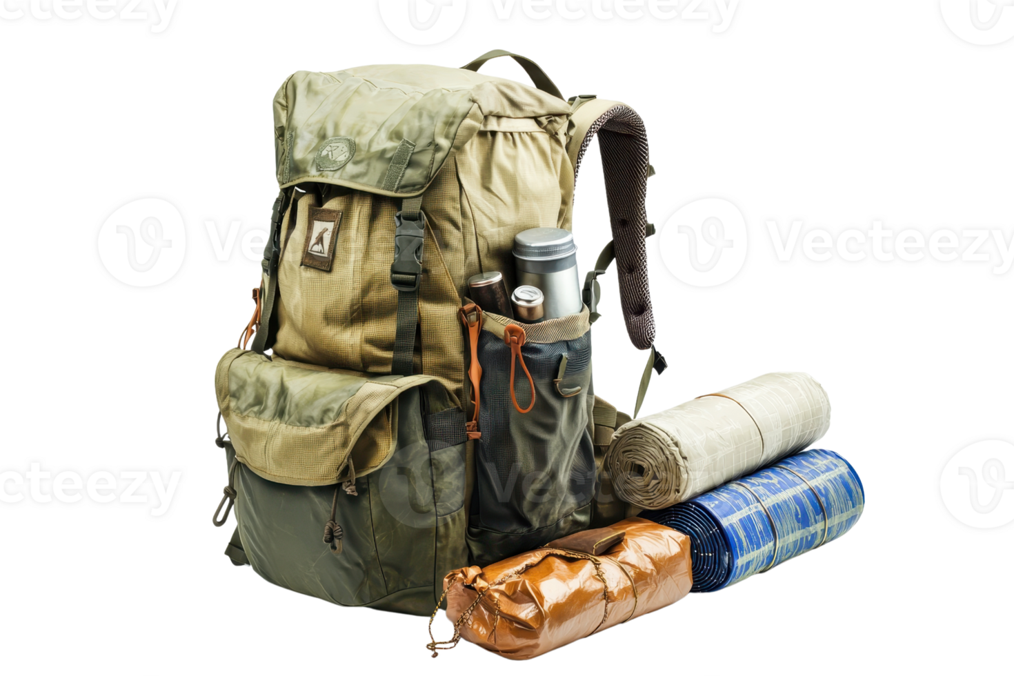 A rugged backpack with various compartments, accompanied by rolled sleeping mats and a water bottle. png