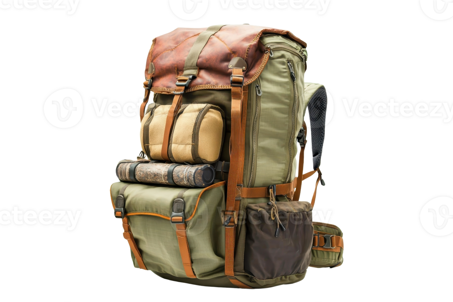 A rugged, multi-pocket backpack designed for outdoor adventures, featuring durable materials and a practical storage layout. png