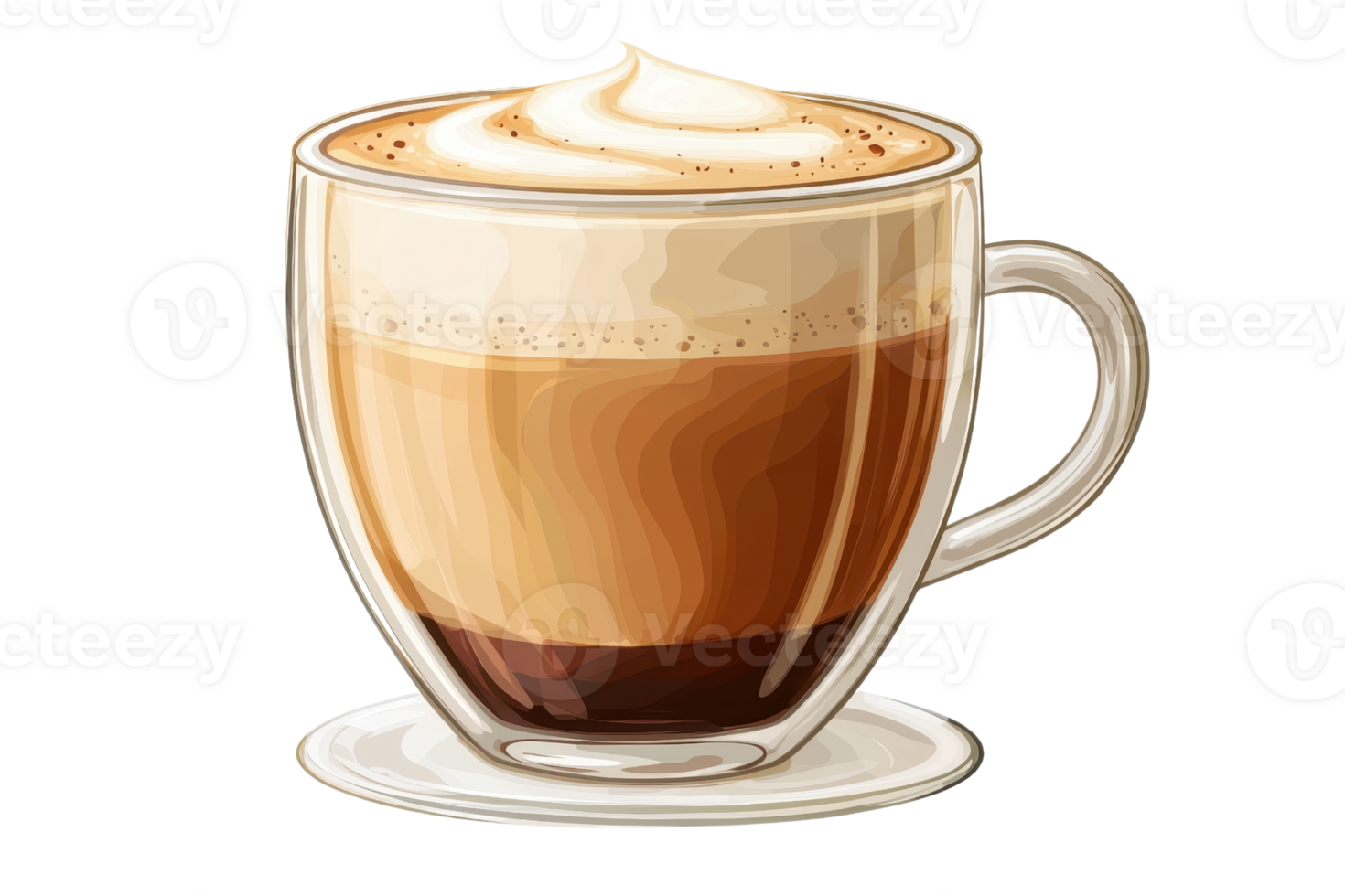 A creamy latte in a clear glass cup with swirls of foam and layers of coffee. png