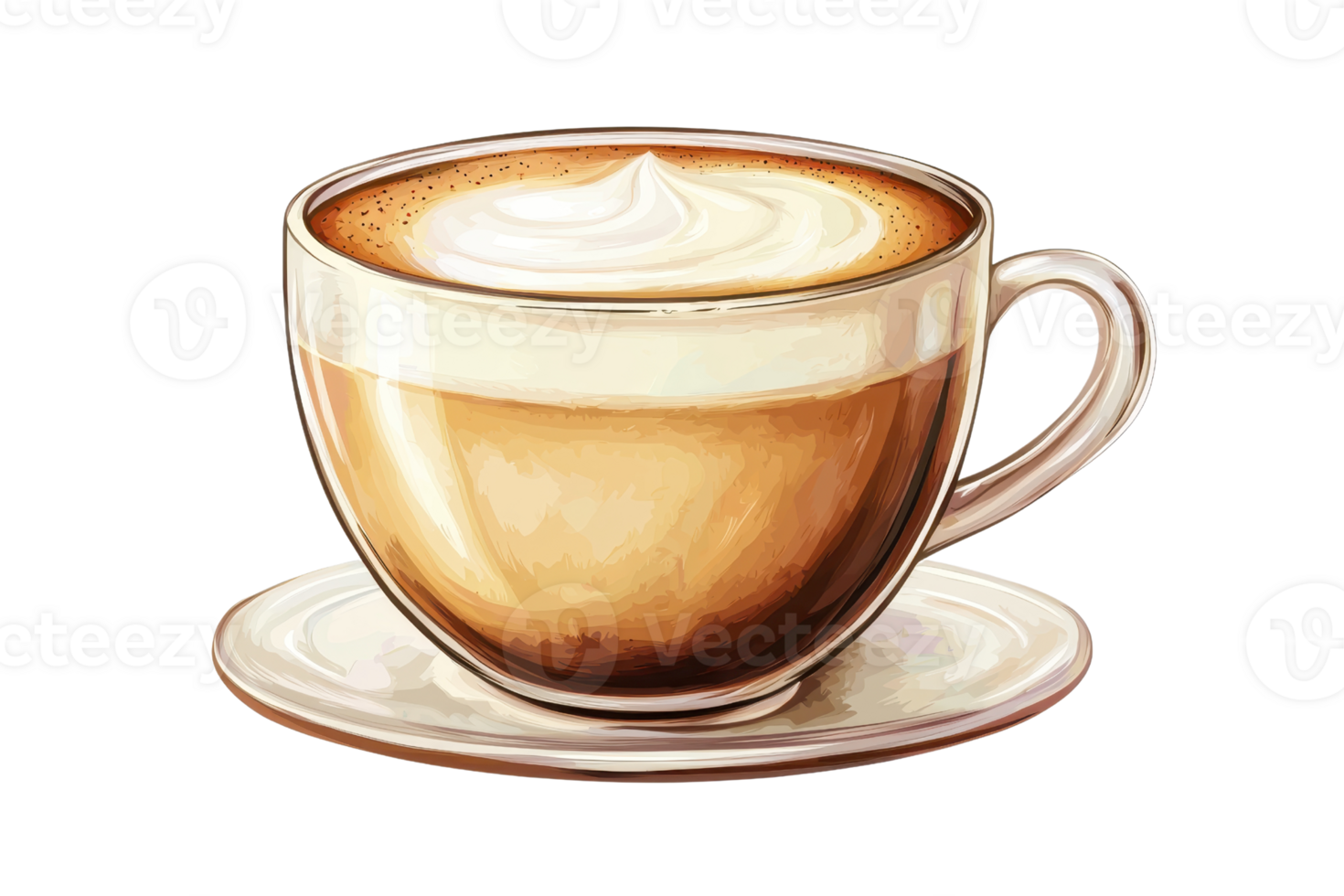 A beautifully crafted coffee cup filled with creamy coffee and topped with frothy milk. png