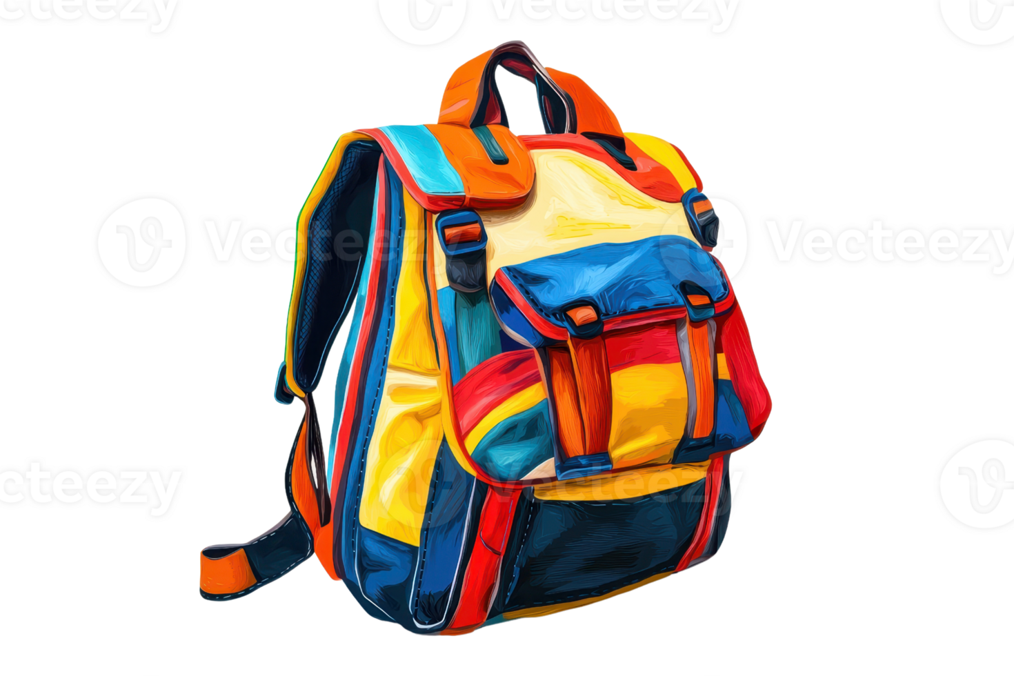 A vibrant, multicolored backpack featuring sturdy straps and multiple pockets for storage. png