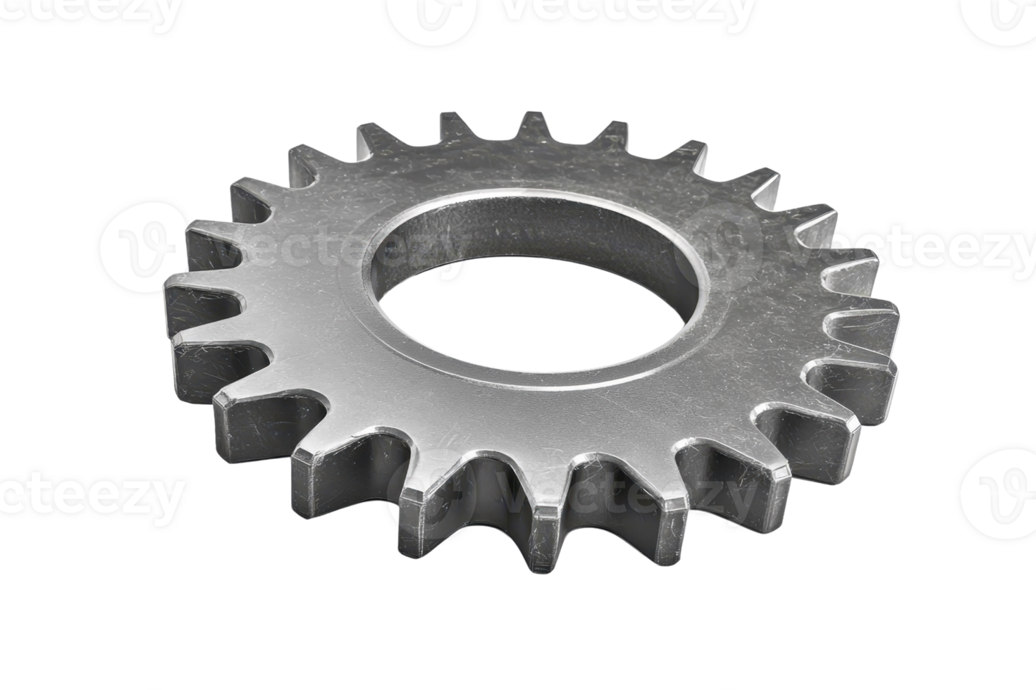 A metallic gear with prominent teeth and a central hole, designed for mechanical applications and machinery. png