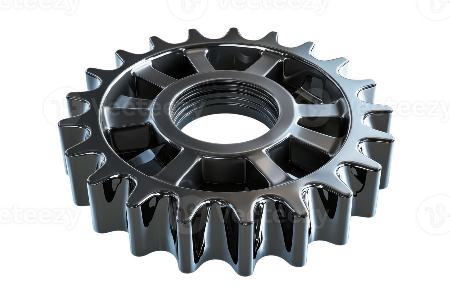 A metallic gear with sharp teeth and a central hole, showcasing intricate details and a polished surface. png
