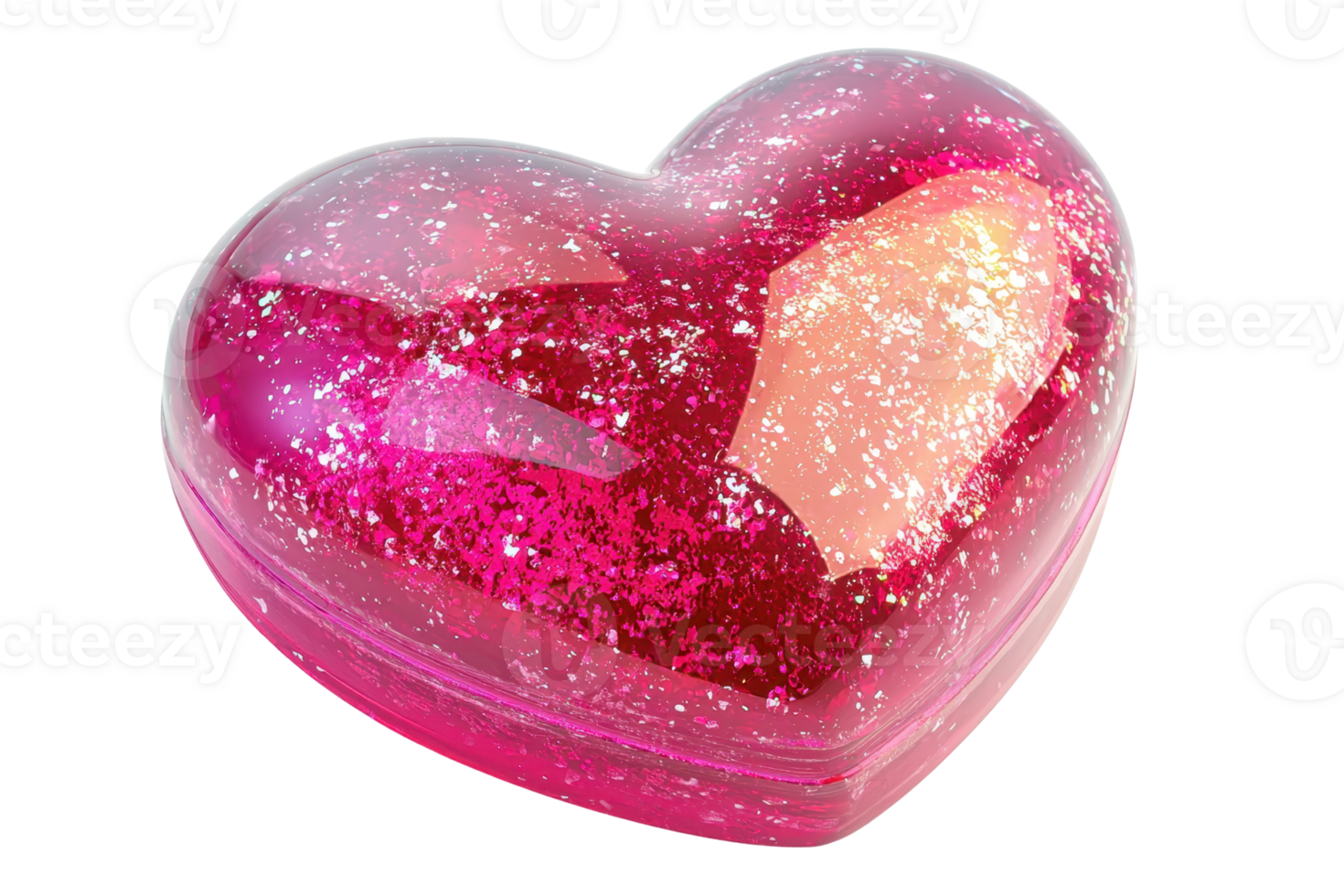 A glossy, heart-shaped object filled with shimmering glitter and vibrant pink hues. png
