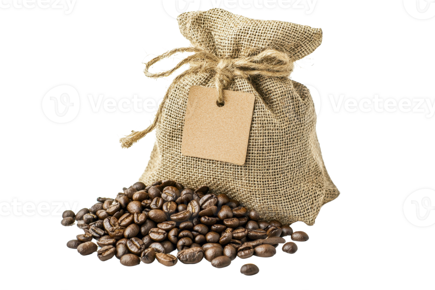 A burlap sack filled with coffee beans, accompanied by loose beans scattered beside it, showcasing a rustic and natural theme. png