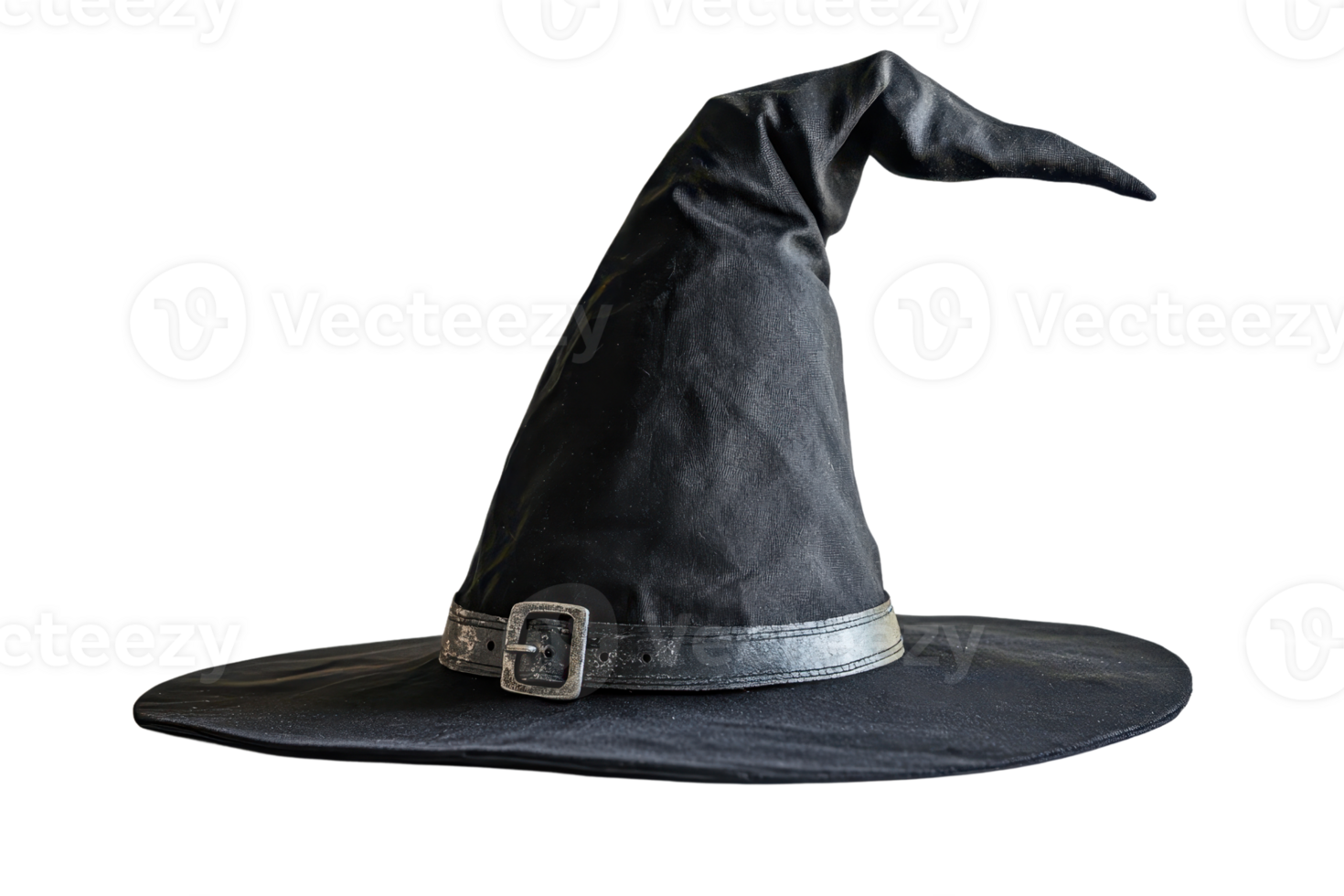 A classic black witch's hat with a pointed tip and a silver buckle on the band. png