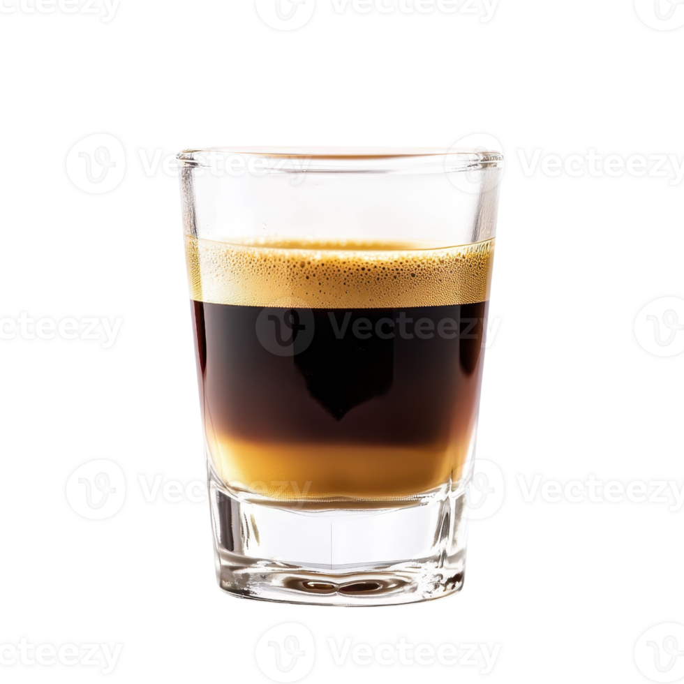 A glass of espresso showcasing rich layers of coffee, topped with a creamy foam. png