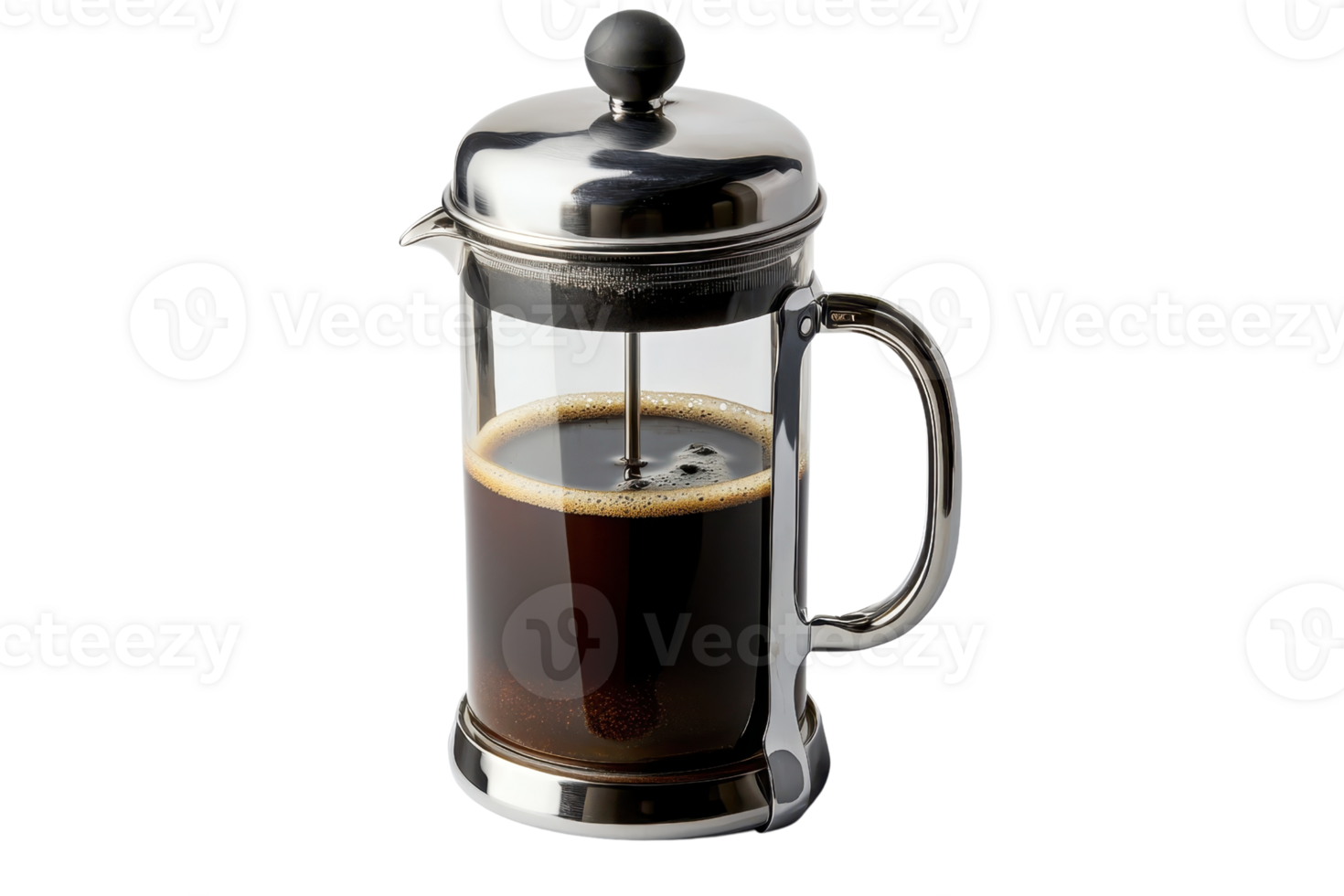 A sleek French press coffee maker, featuring a metal frame and a plunger, filled with rich, dark coffee. png