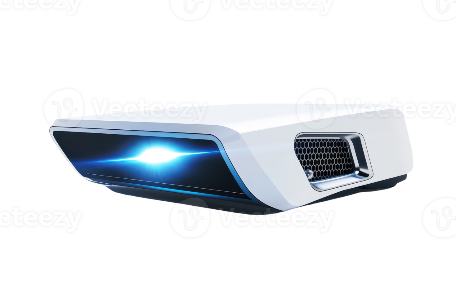 A sleek, modern projector emits a vibrant blue light, showcasing advanced design and technology. png