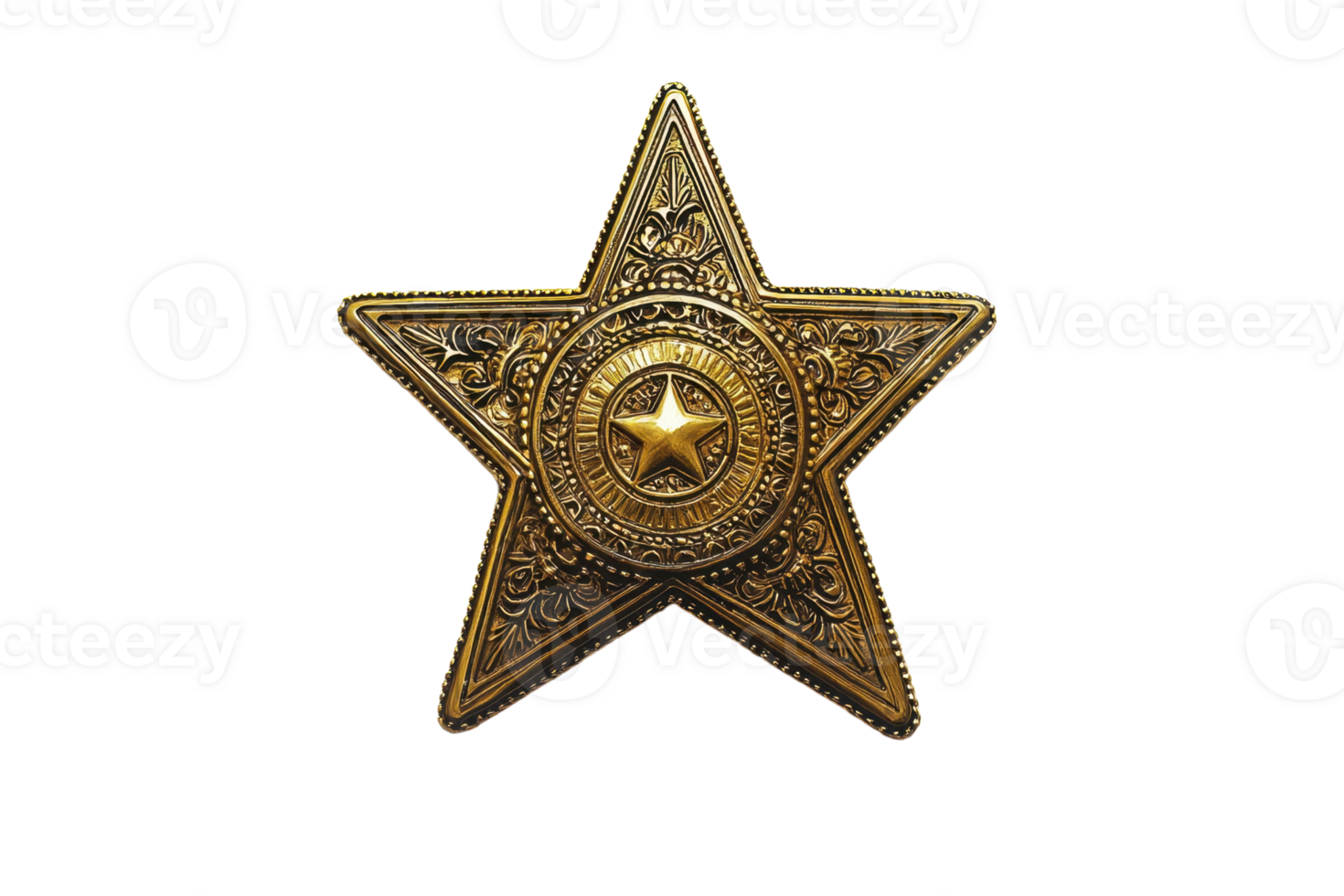 A detailed gold star badge featuring intricate designs and a central emblem, symbolizing authority or achievement. png