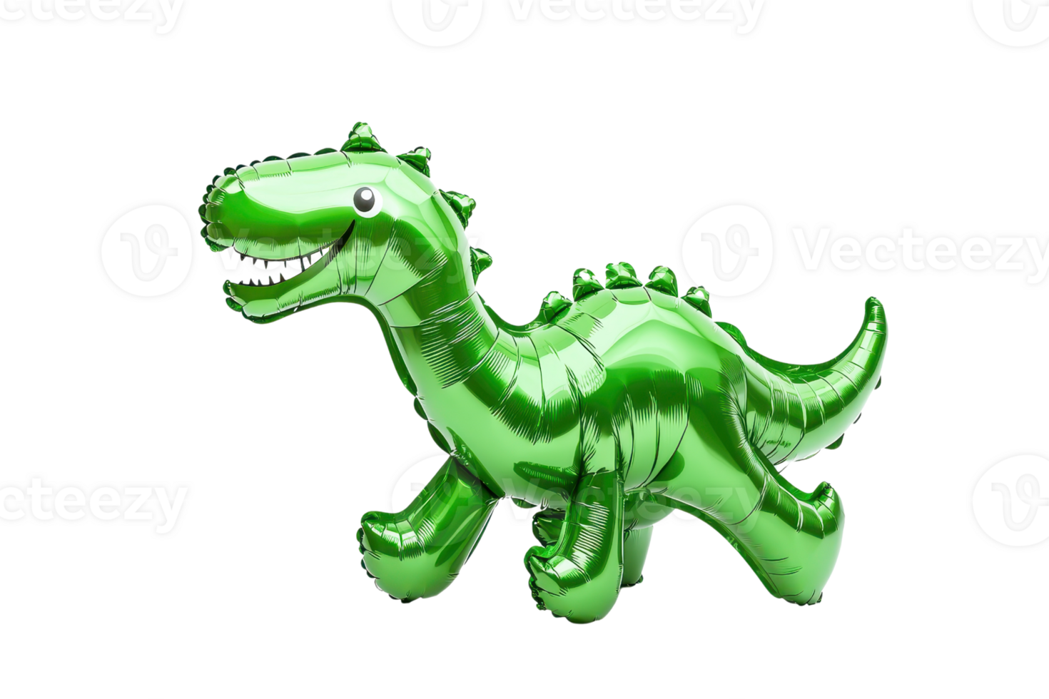 A shiny green dinosaur balloon with a playful expression and spiky back, resembling a friendly prehistoric creature. png
