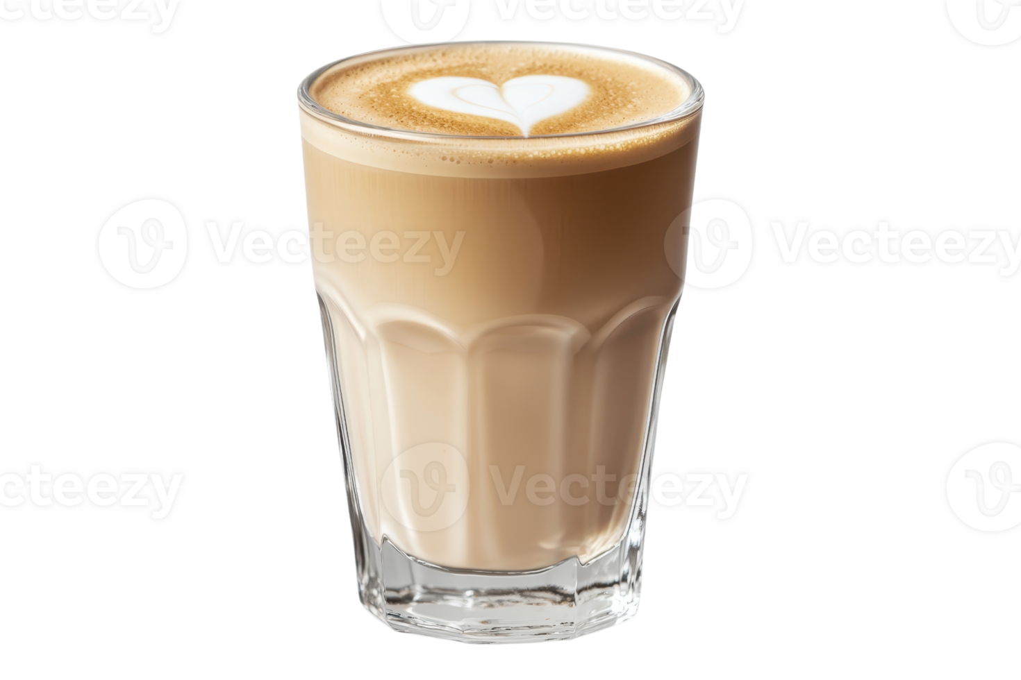 A creamy latte in a glass with a heart design on top. png