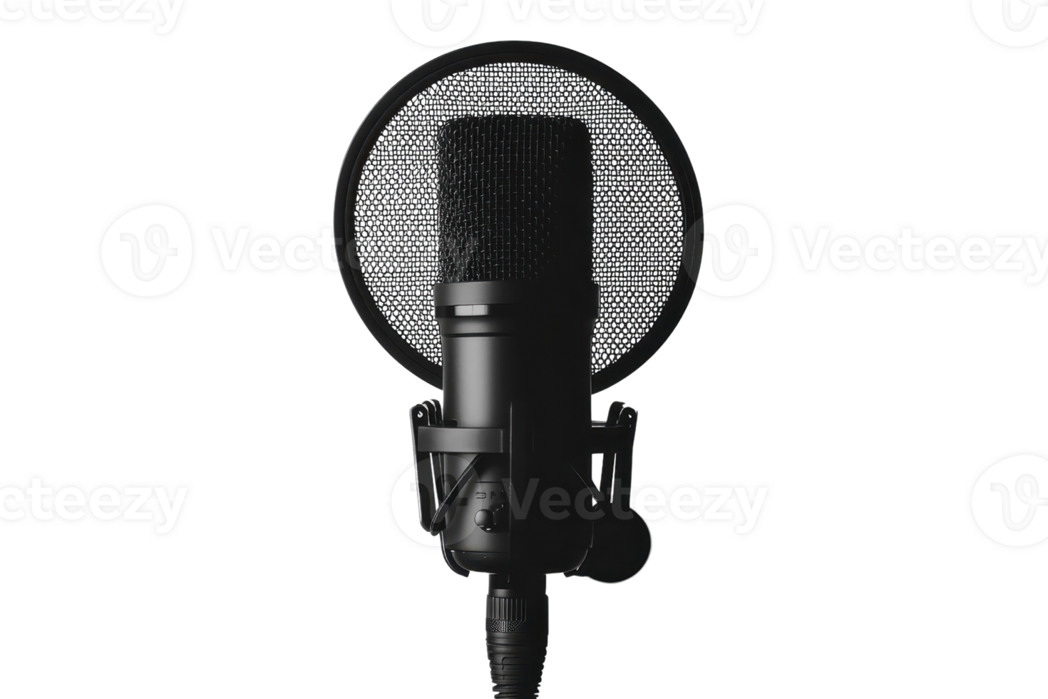 A sleek microphone with a pop filter, designed for high-quality audio recording and performance. png