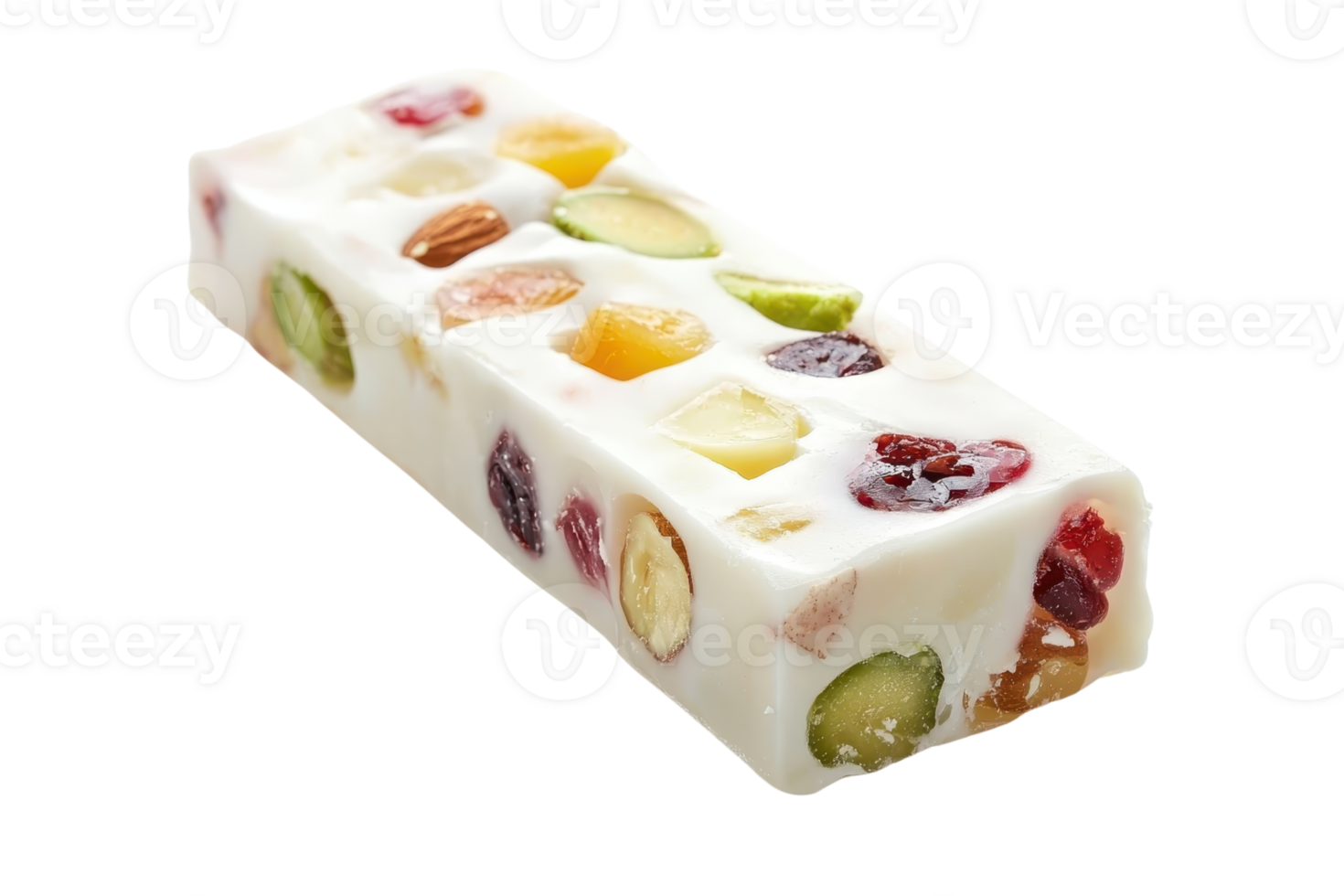 A colorful nougat bar filled with assorted nuts and dried fruits, showcasing a delightful blend of textures and flavors. png