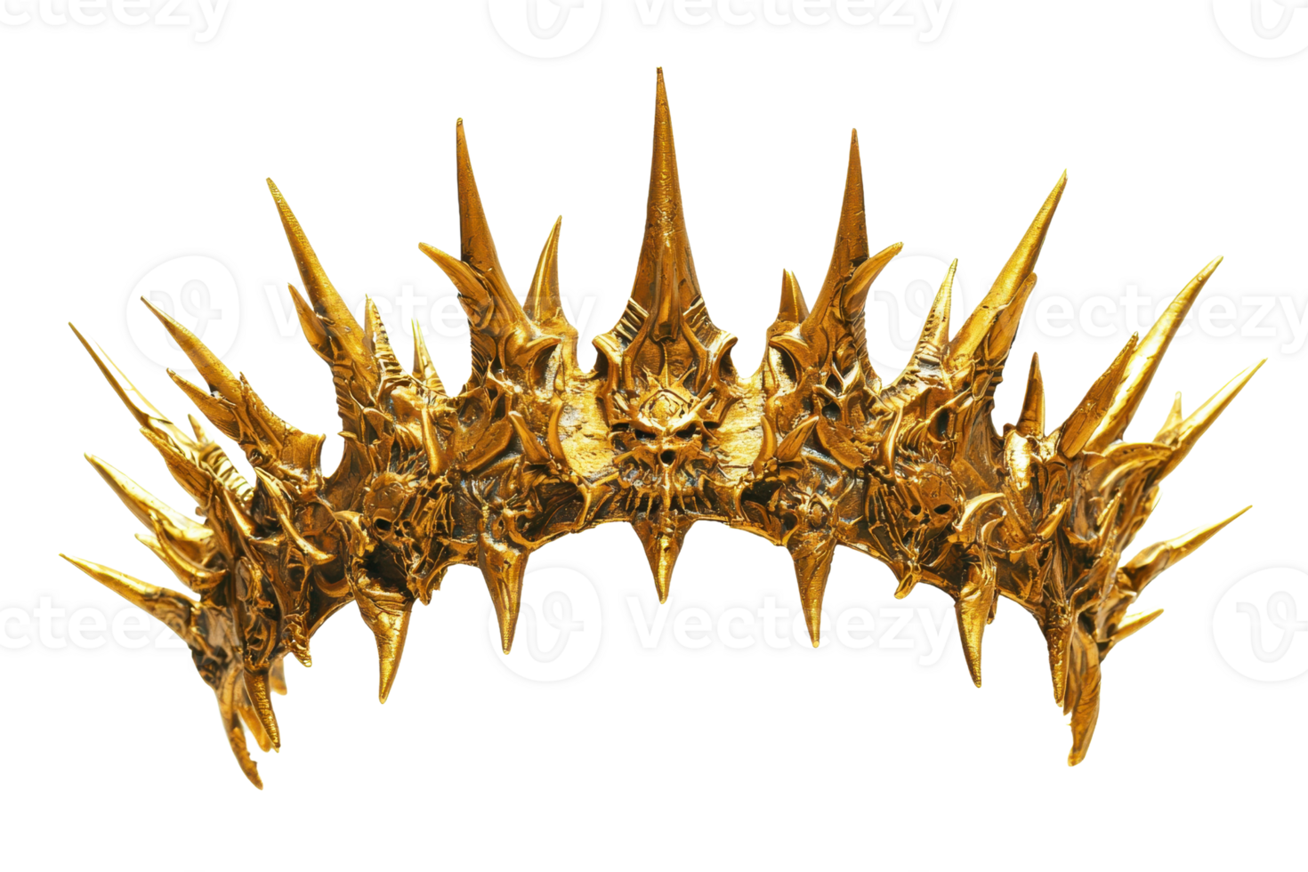 A striking gold crown adorned with sharp, spiked elements, exuding a regal yet fierce appearance. png