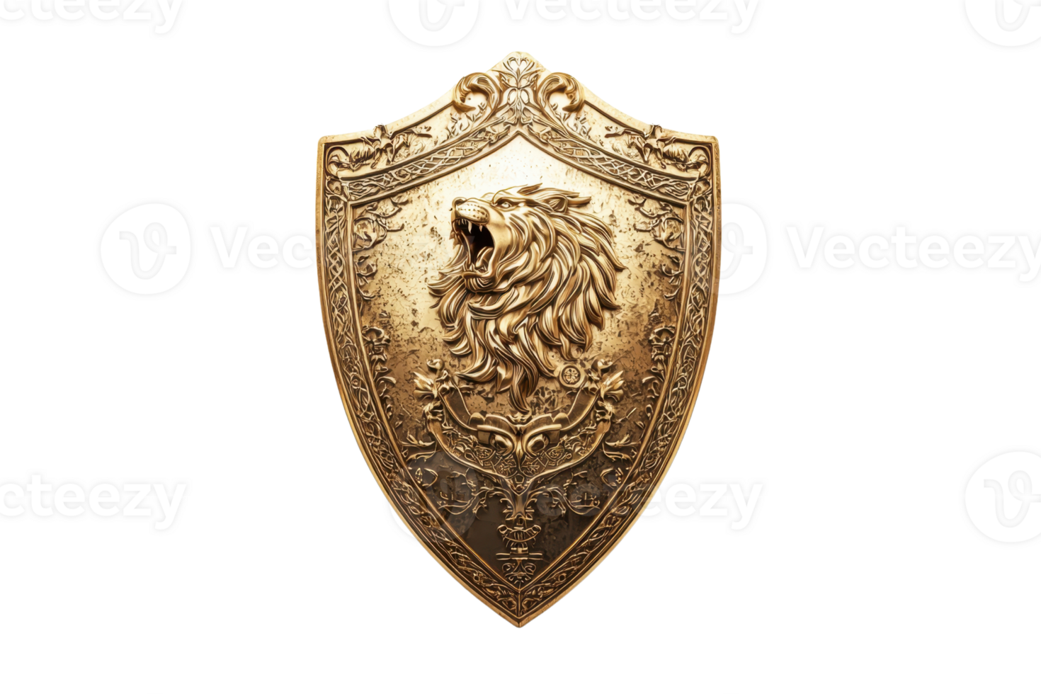 A detailed golden shield featuring an intricately carved lion emblem. png