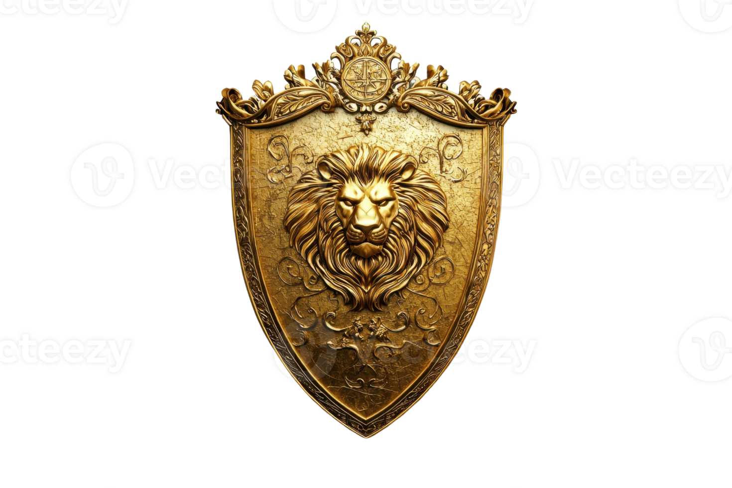 A golden shield featuring an ornate lion design, symbolizing strength and nobility. png