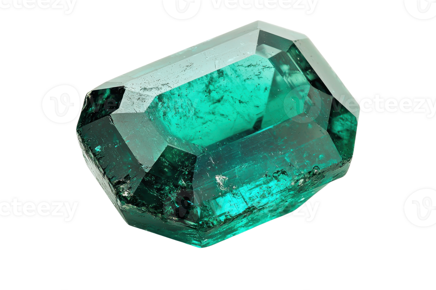 A sparkling, octagonal emerald gemstone displaying vibrant green hues and intricate facets. png