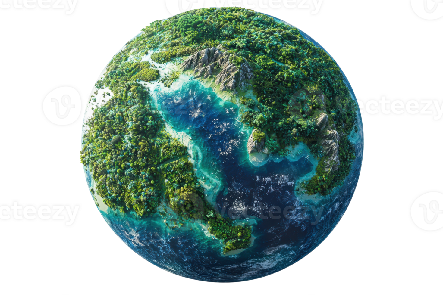 A vibrant, detailed depiction of a planet covered in lush greenery and blue waters, showcasing a rich and diverse ecosystem. png